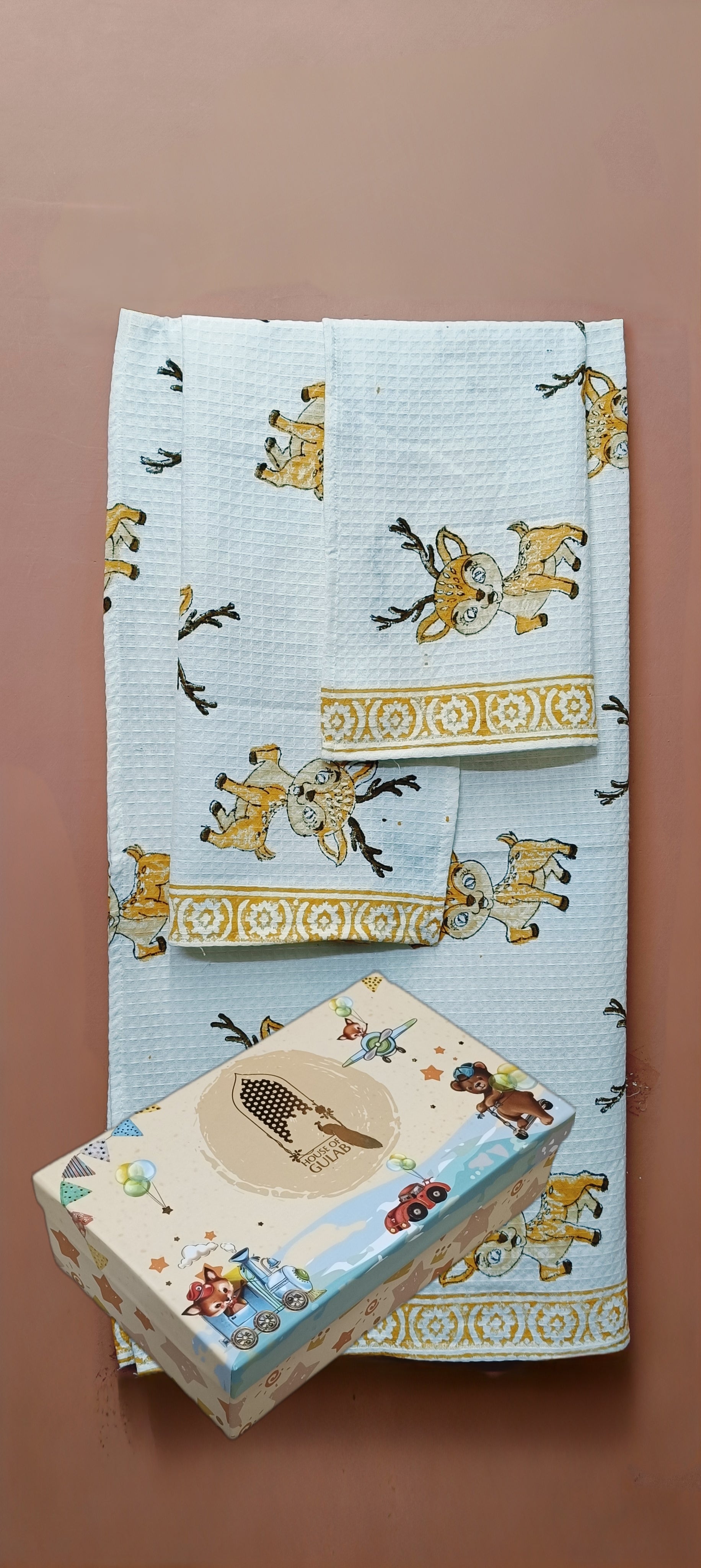 Kids Gift Set - Handblock Printed Towels - 1 Bath + 2 Hand Towels