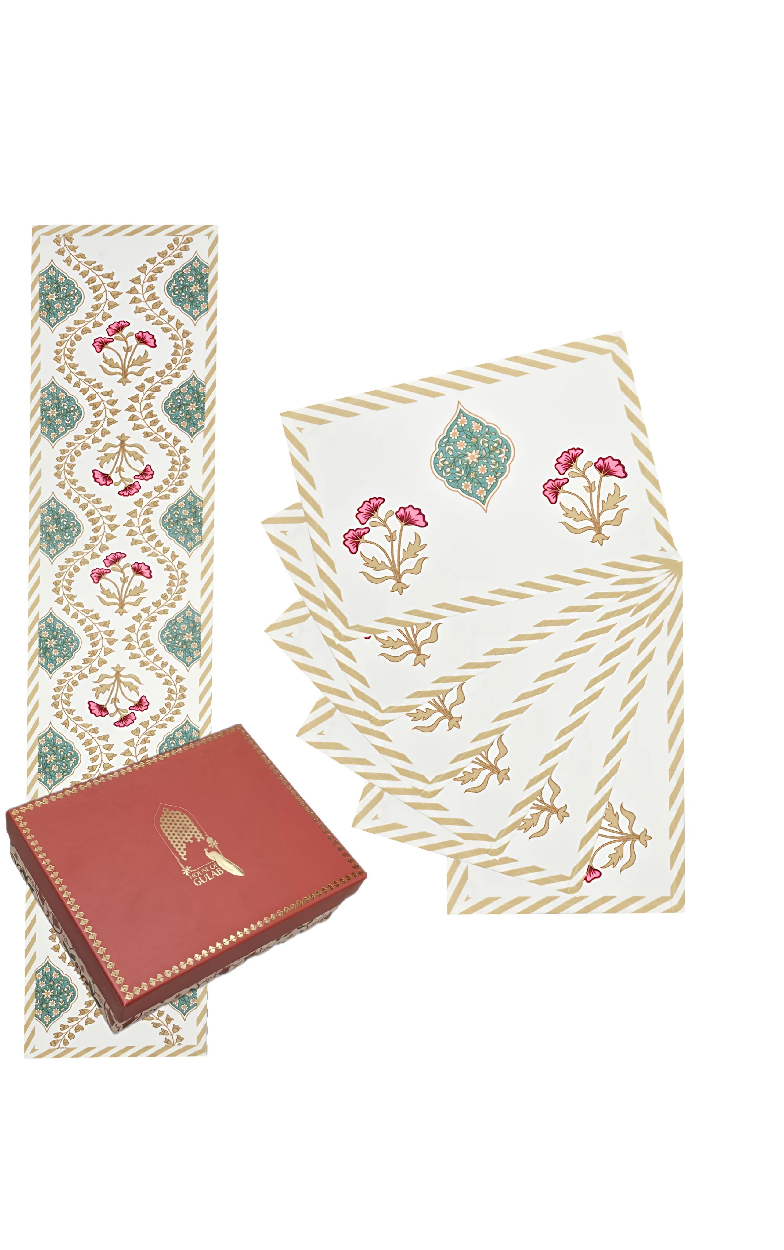 Gift Box with Handblock Printed Canvas Cotton Table Runner & Set Of 6 Mats