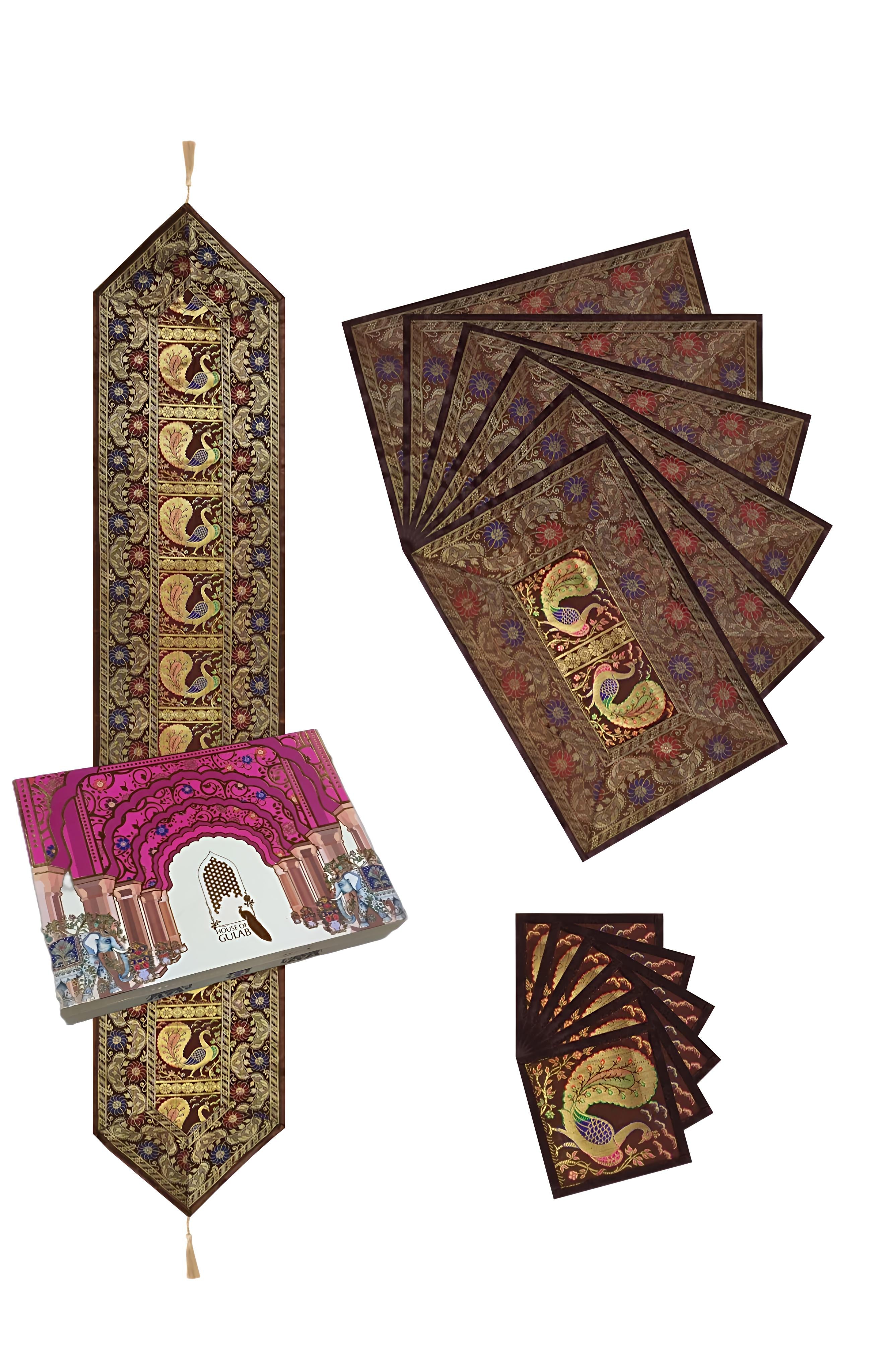 Gift Box with Banarasi Table Set with 1 Runner, 6 mats and 6 coasters