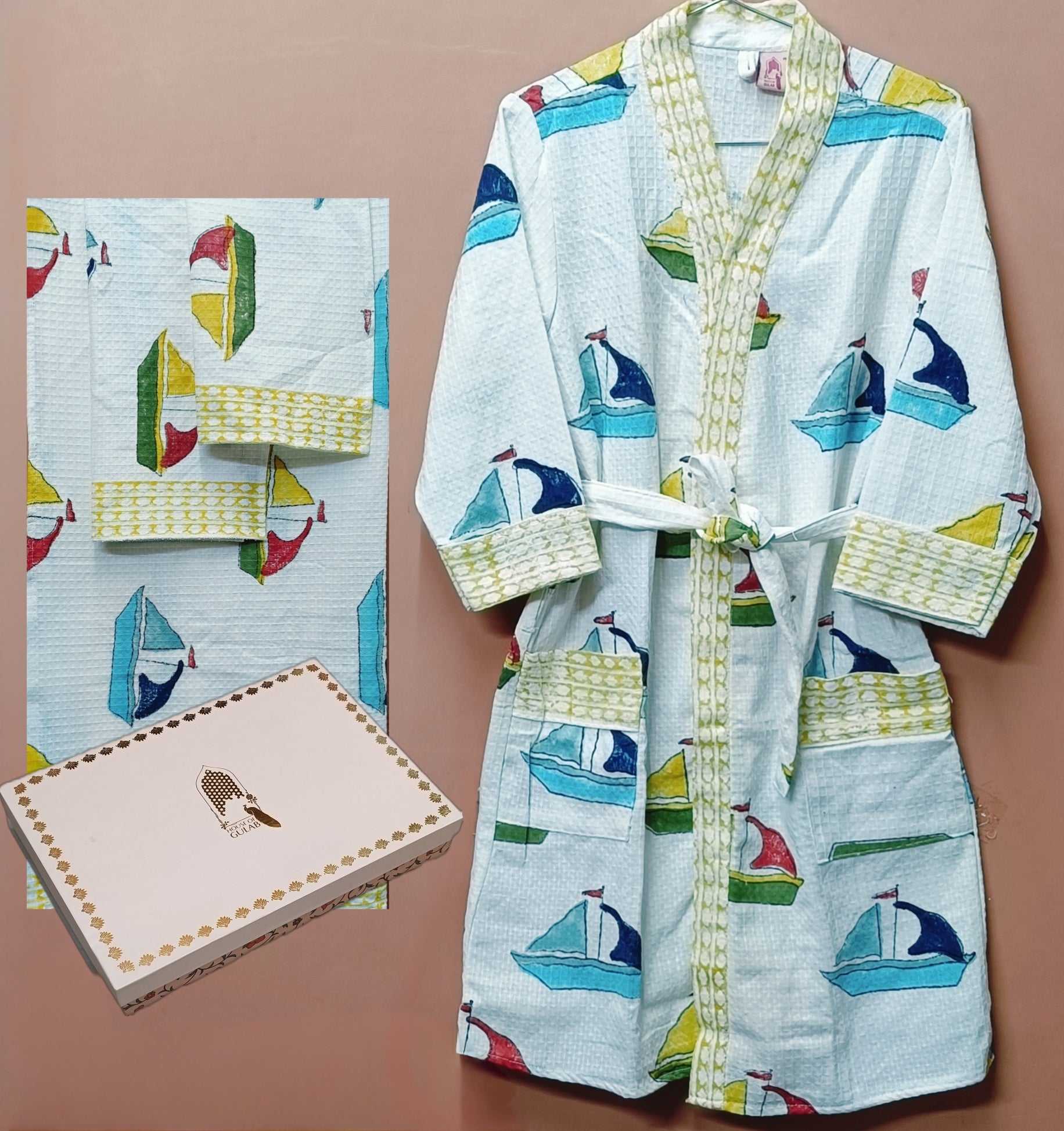 Handblock Printed Waffle Cotton Bathrobe Gift Box for Kids (4-13 Years) – Includes Bath Towel & 2 Hand Towels