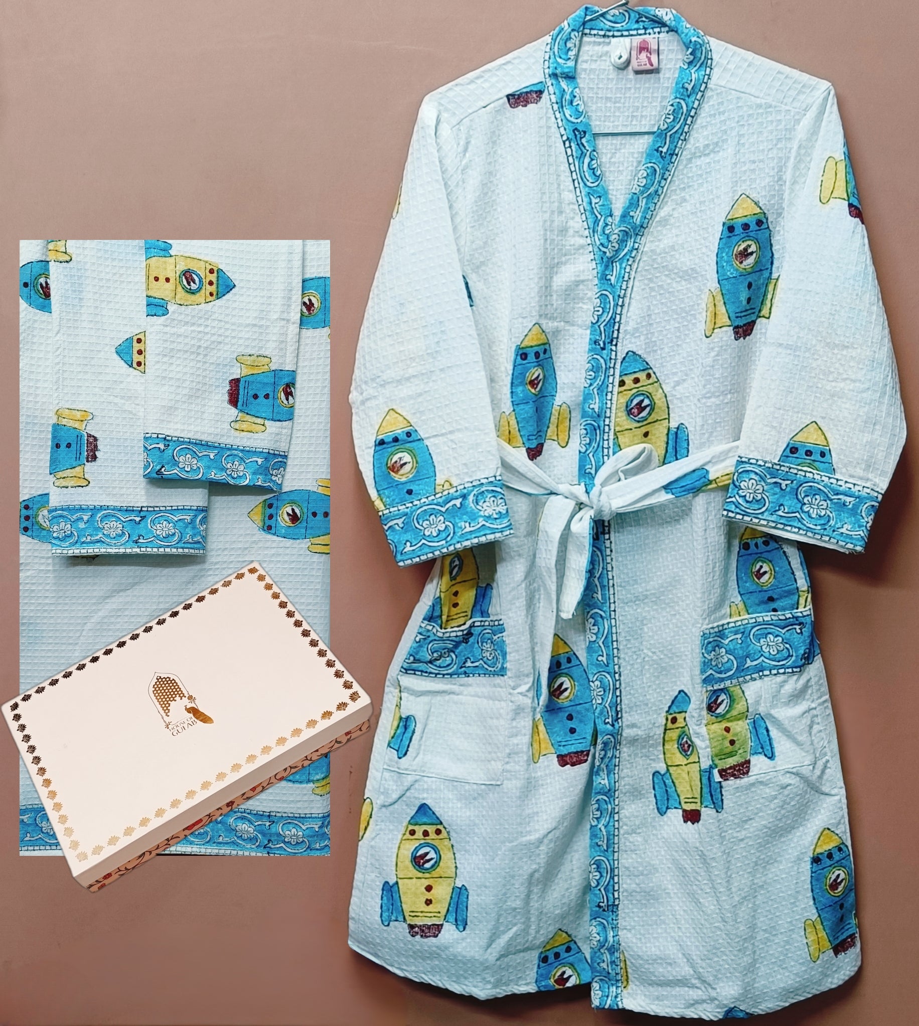 Handblock Printed Waffle Cotton Bathrobe Gift Box for Kids (4-13 Years) – Includes Bath Towel & 2 Hand Towels
