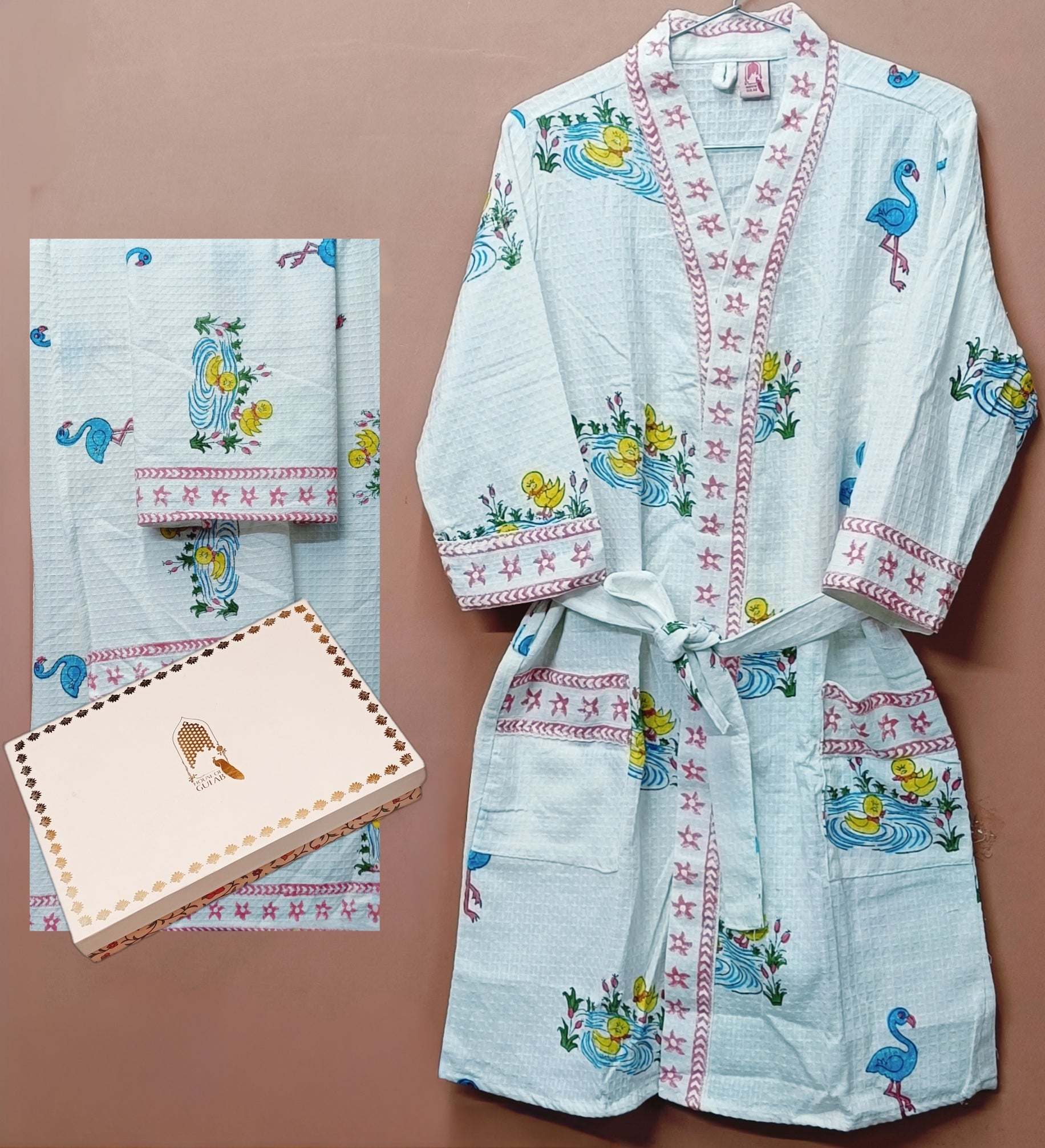 Handblock Printed Waffle Cotton Bathrobe Gift Box for Kids (4-13 Years) – Includes Bath Towel & 2 Hand Towels