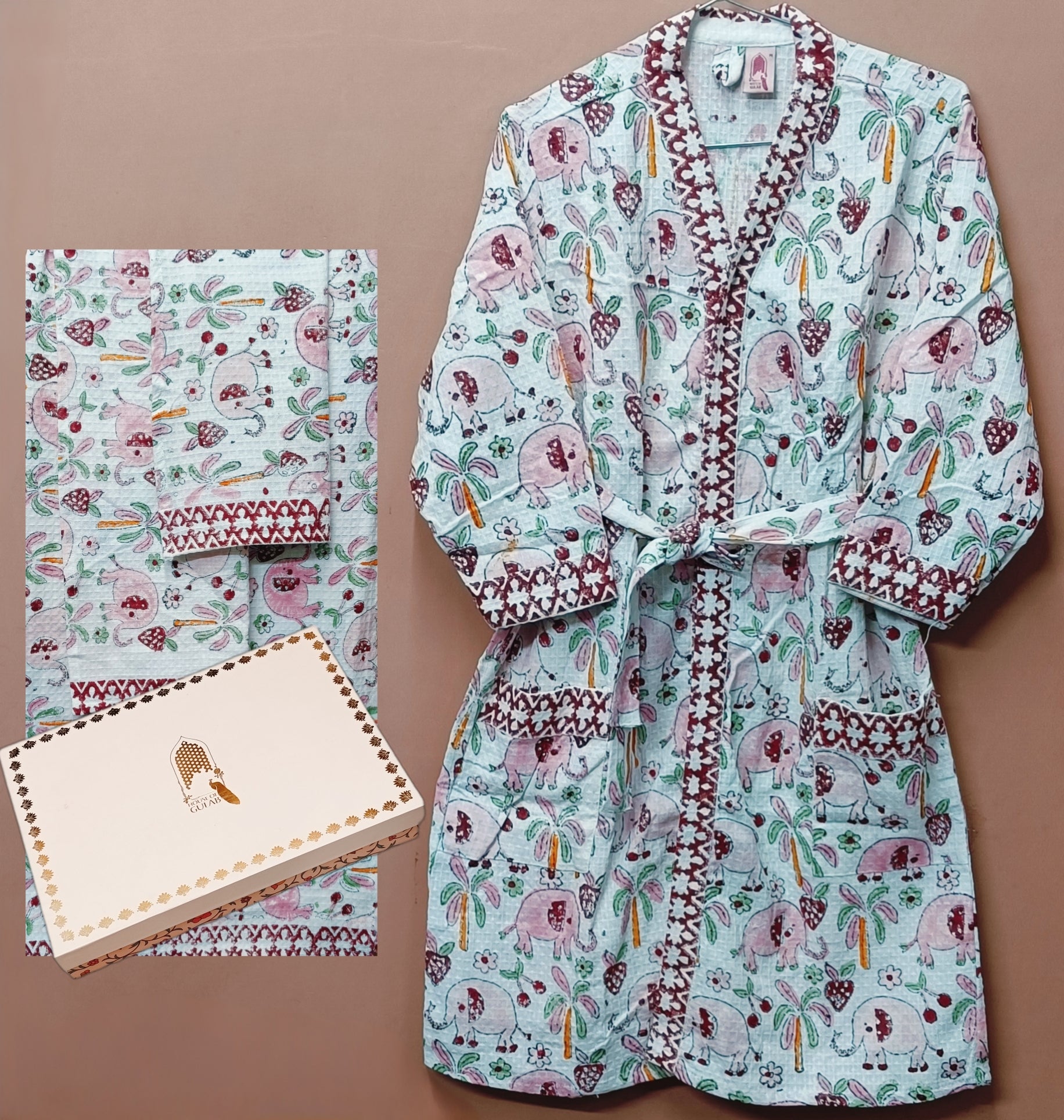 Handblock Printed Waffle Cotton Bathrobe Gift Box for Kids (4-13 Years) – Includes Bath Towel & 2 Hand Towels