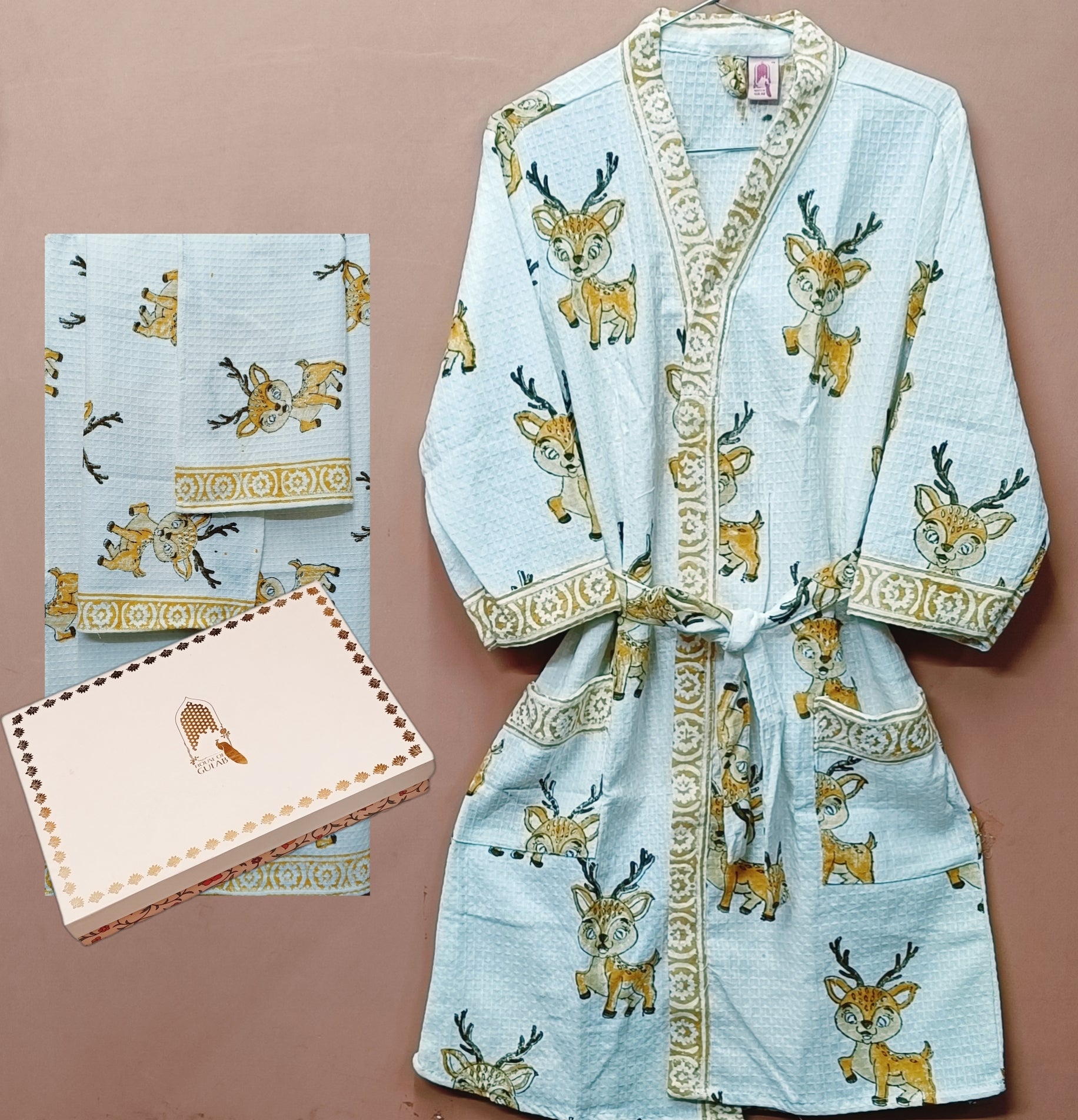 Handblock Printed Waffle Cotton Bathrobe Gift Box for Kids (4-13 Years) – Includes Bath Towel & 2 Hand Towels