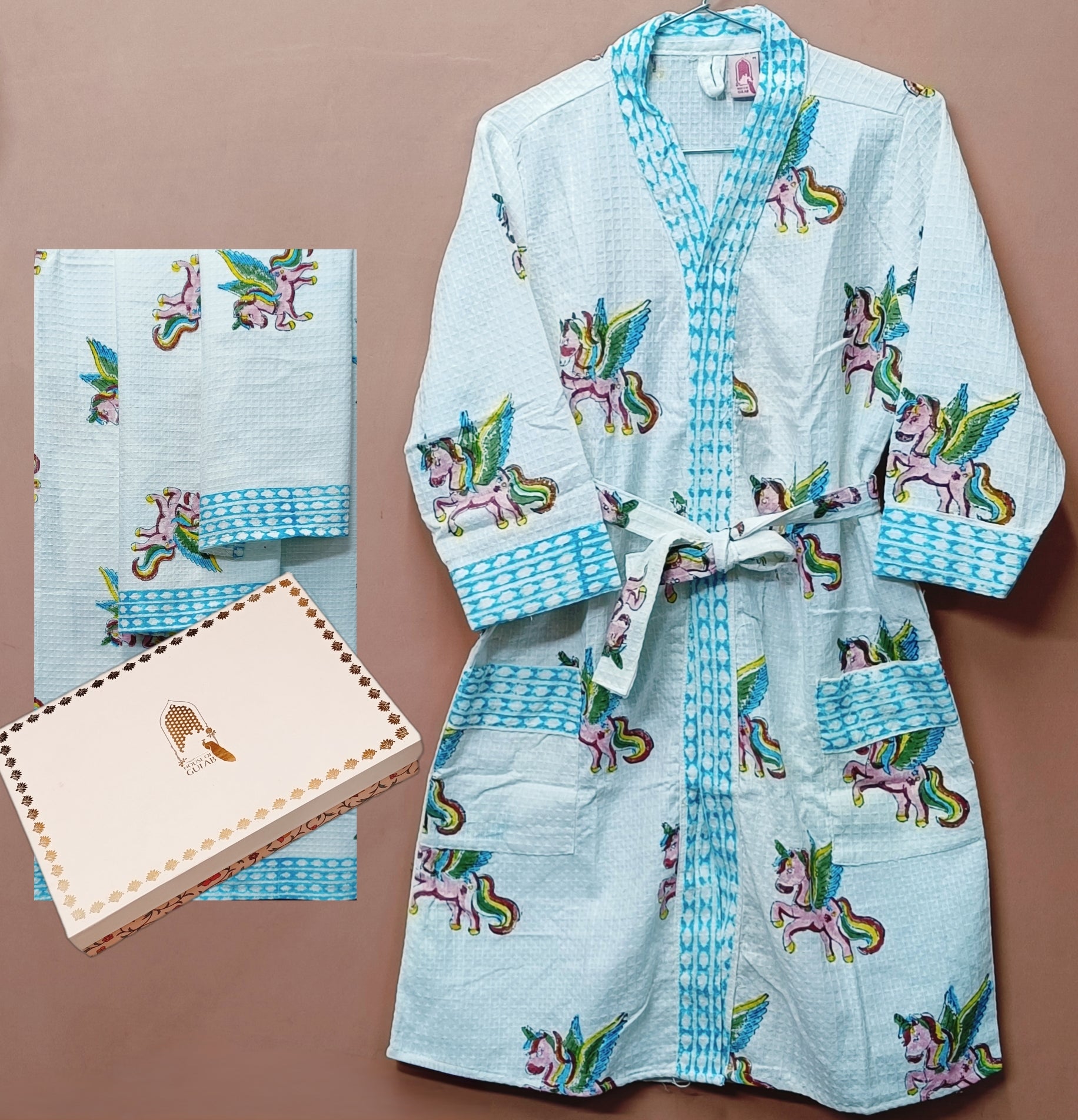 Handblock Printed Waffle Cotton Bathrobe Gift Box for Kids (4-13 Years) – Includes Bath Towel & 2 Hand Towels