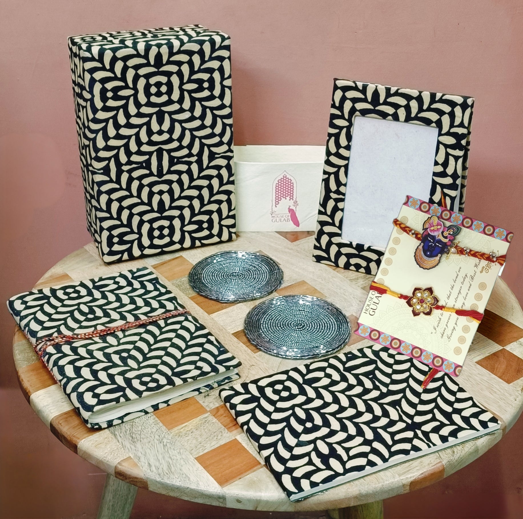 Handmade Diwali Gift Box – Stationery & Desk Essentials Set (Diary, Notepad, Photo Frame, Rakhi Set & Coasters)