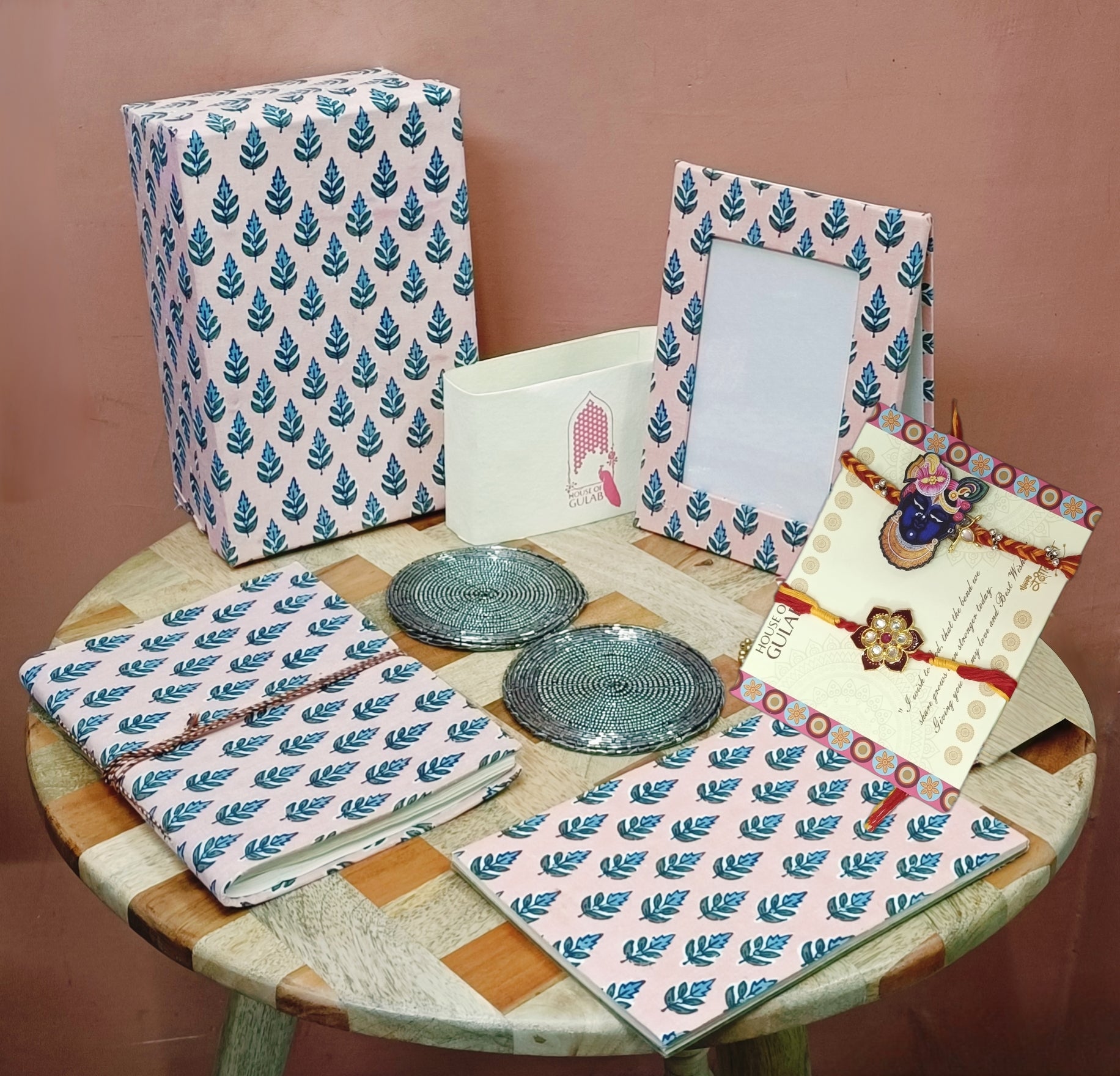Handmade Diwali Gift Box – Stationery & Desk Essentials Set (Diary, Notepad, Photo Frame, Rakhi Set & Coasters)
