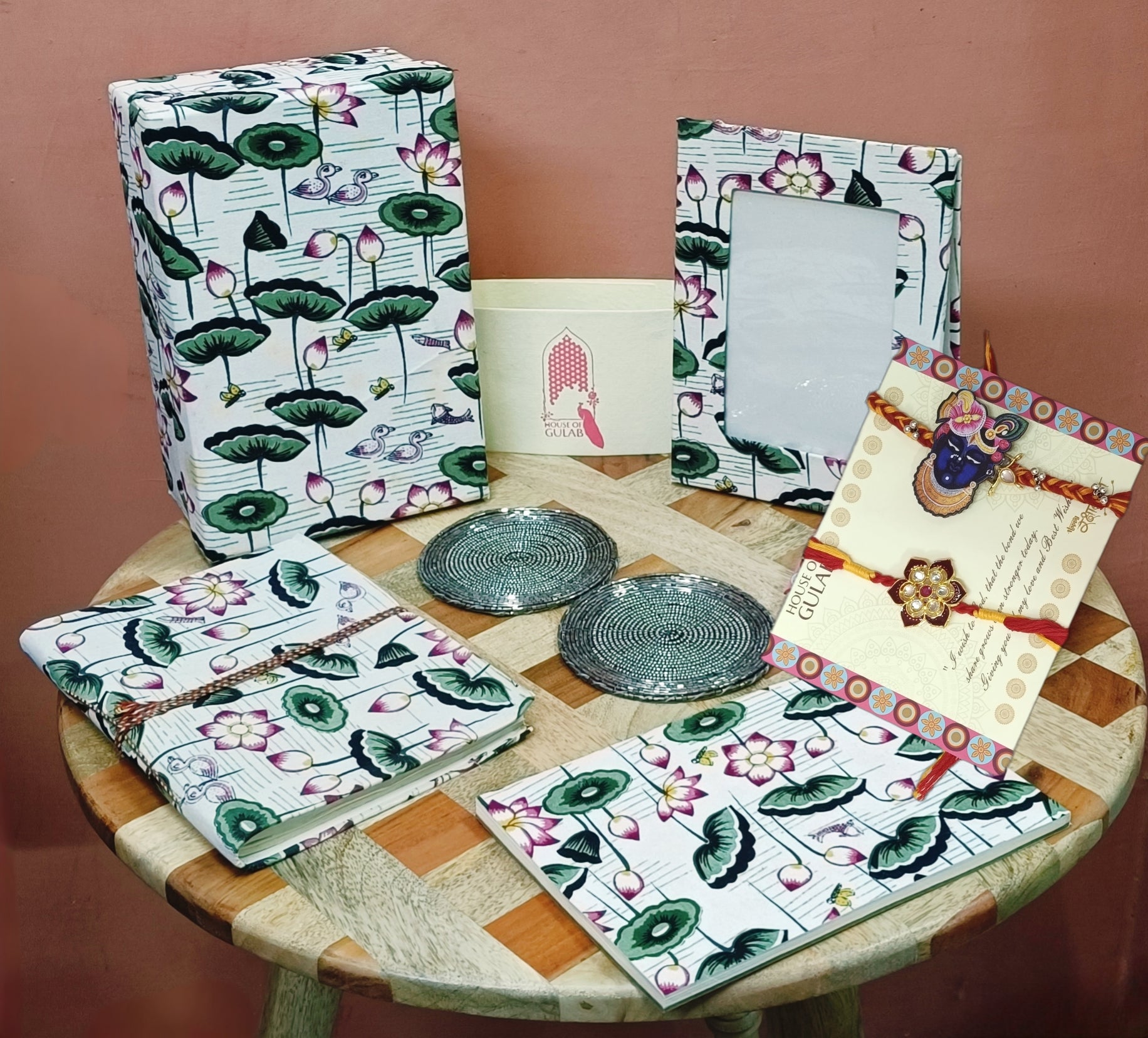 Handmade Diwali Gift Box – Stationery & Desk Essentials Set (Diary, Notepad, Photo Frame, Rakhi Set & Coasters)