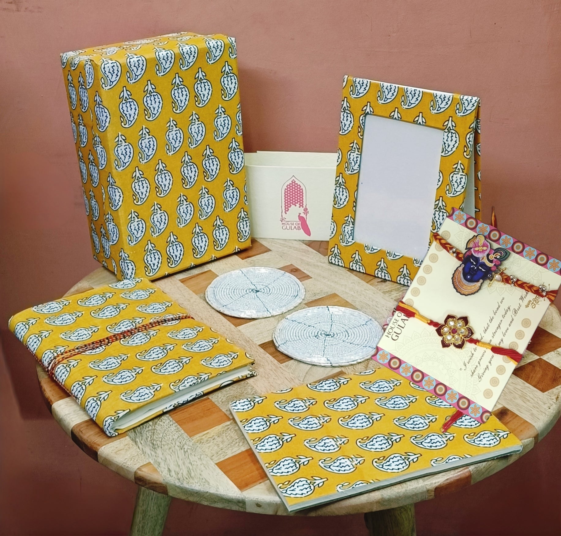 Handmade Diwali Gift Box – Stationery & Desk Essentials Set (Diary, Notepad, Photo Frame, Rakhi Set & Coasters)