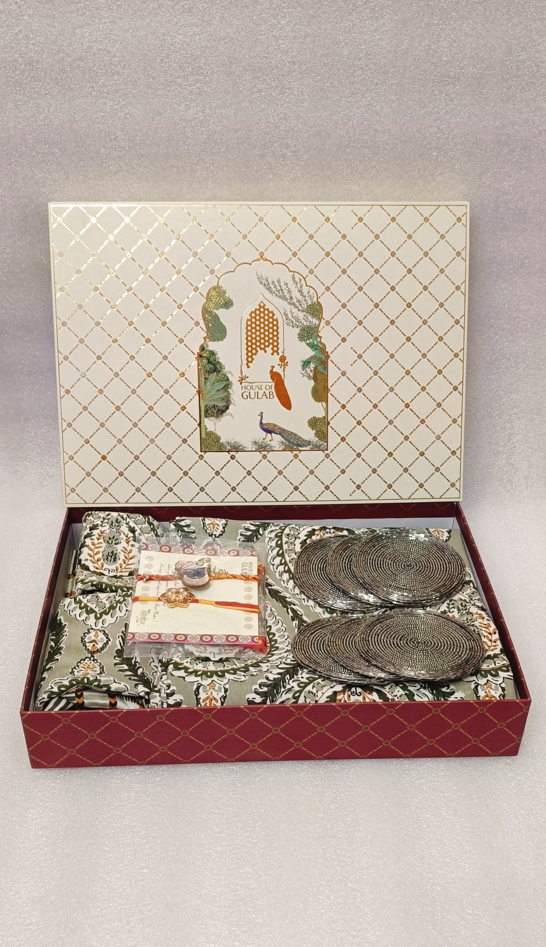 Diwali Gift Box – Double Cotton Bedsheet, 2 Rakhi & 6 Beaded Coasters