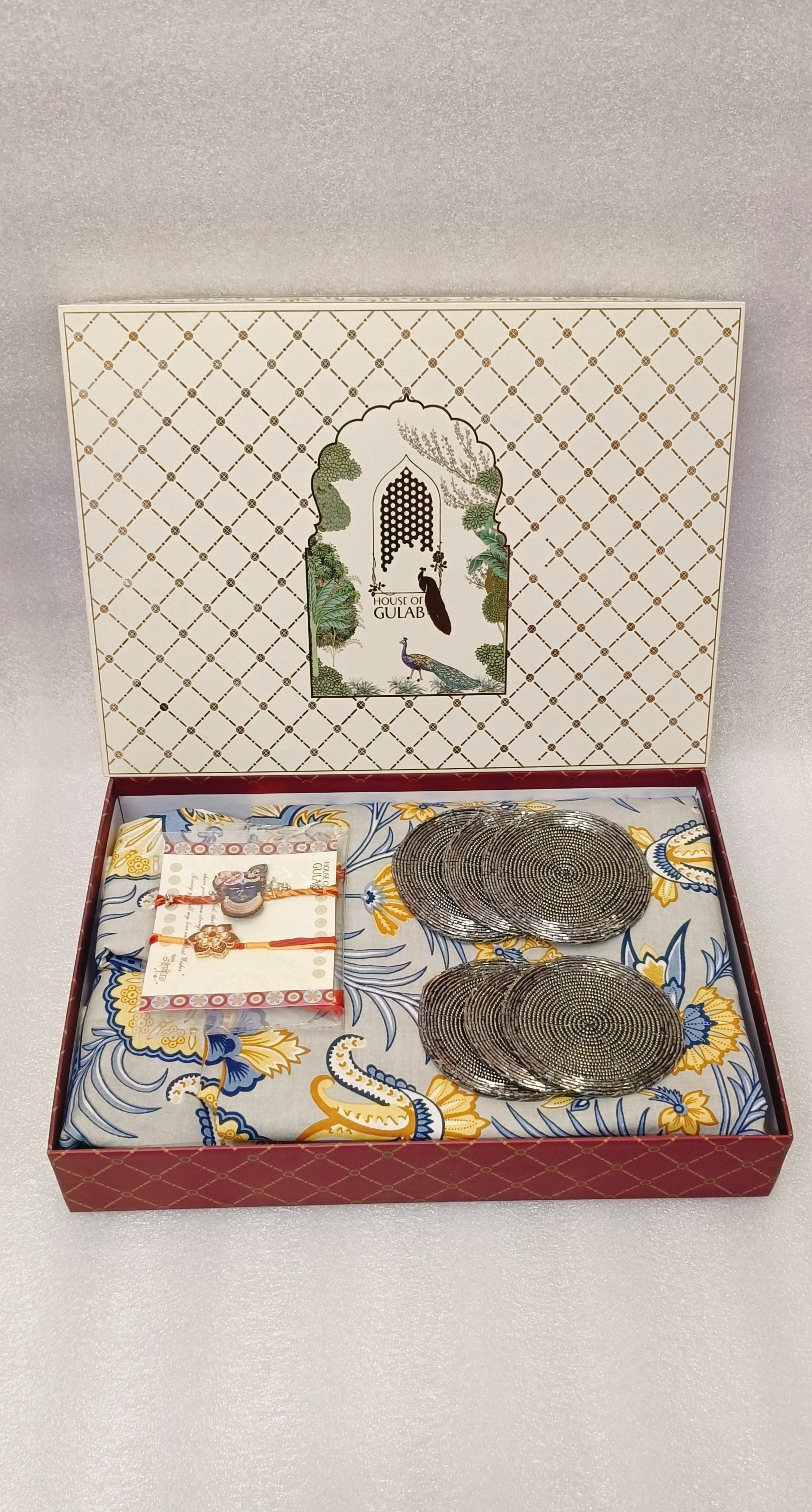 Rakhi Gift Box – Double Cotton Bedsheet, 2 Rakhi & 6 Beaded Coasters