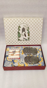 Rakhi Gift Box – Double Cotton Bedsheet, 2 Rakhi & 6 Beaded Coasters