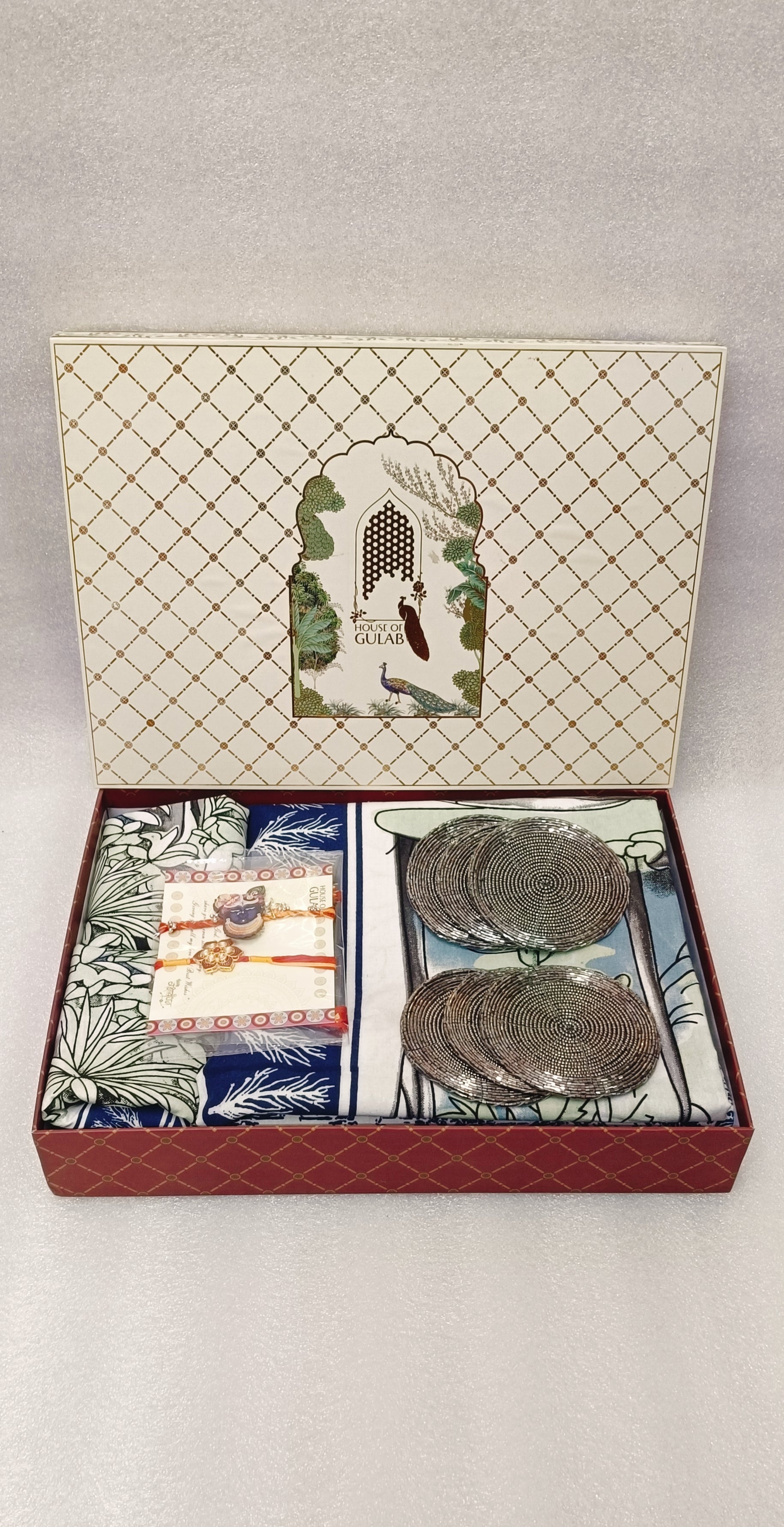Diwali Gift Box – Double Cotton Bedsheet, 2 Rakhi & 6 Beaded Coasters