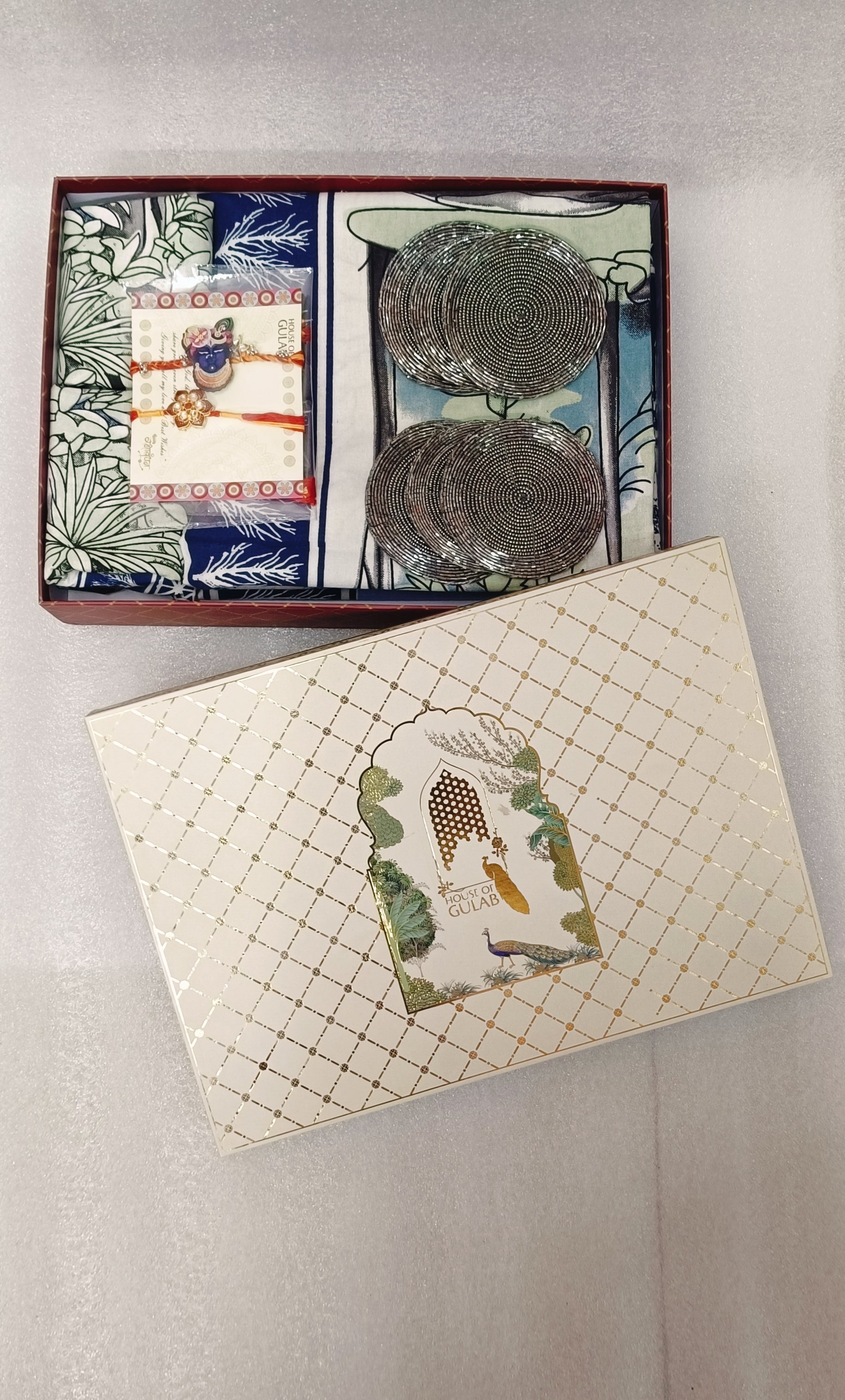 Diwali Gift Box – Double Cotton Bedsheet, 2 Rakhi & 6 Beaded Coasters