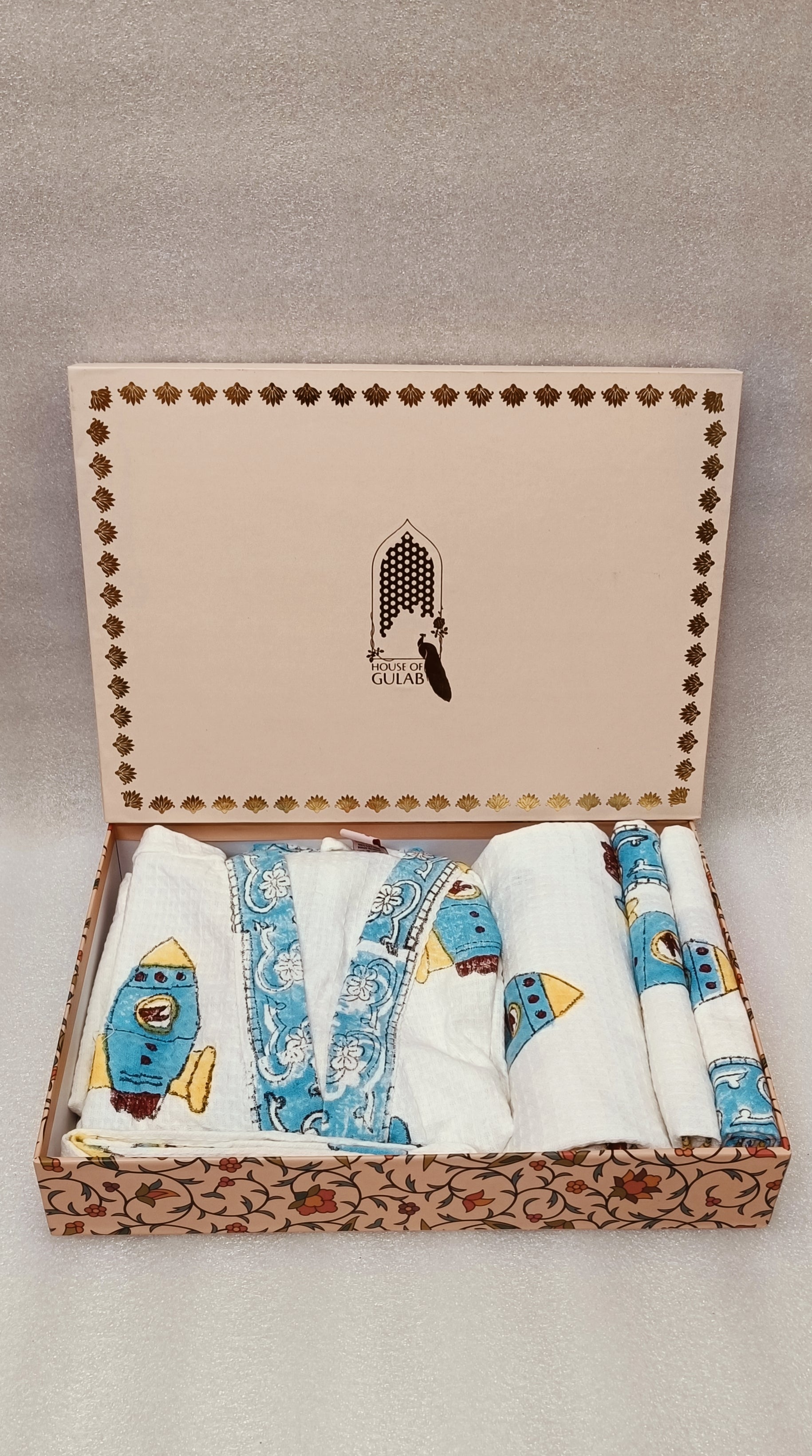 Handblock Printed Waffle Cotton Bathrobe Gift Box for Kids (4-13 Years) – Includes Bath Towel & 2 Hand Towels