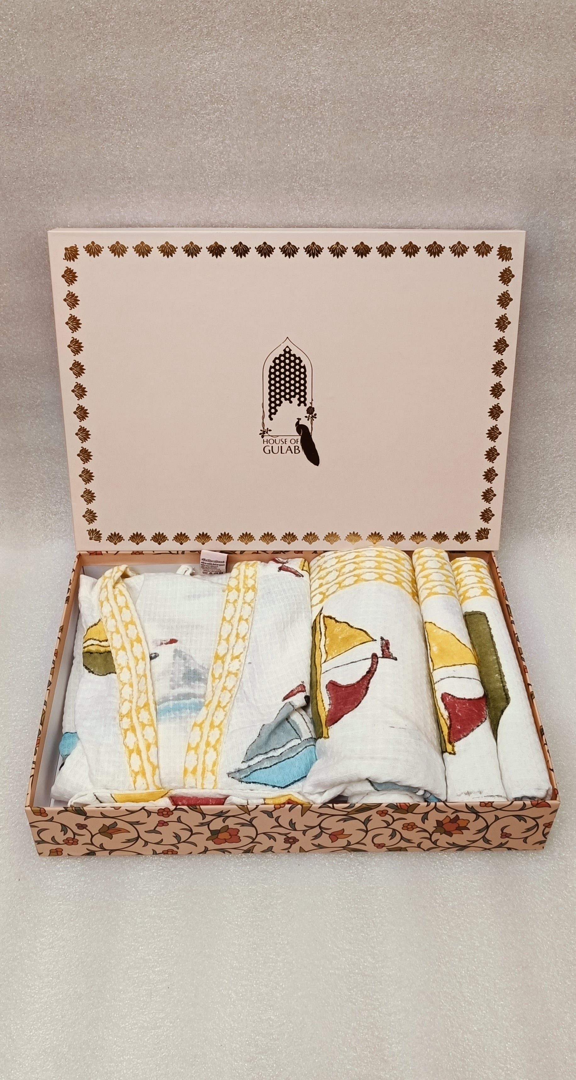 Handblock Printed Waffle Cotton Bathrobe Gift Box for Kids (4-13 Years) – Includes Bath Towel & 2 Hand Towels