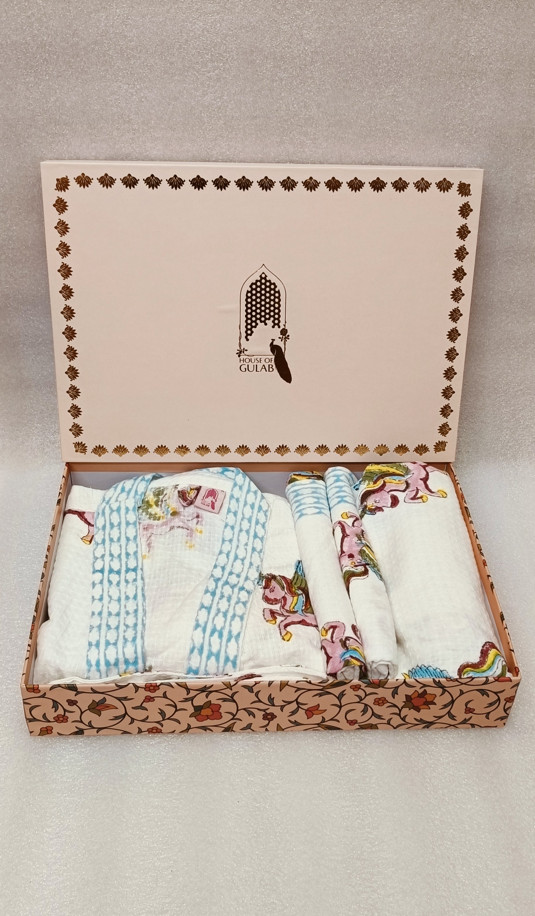 Handblock Printed Waffle Cotton Bathrobe Gift Box for Kids (4-13 Years) – Includes Bath Towel & 2 Hand Towels