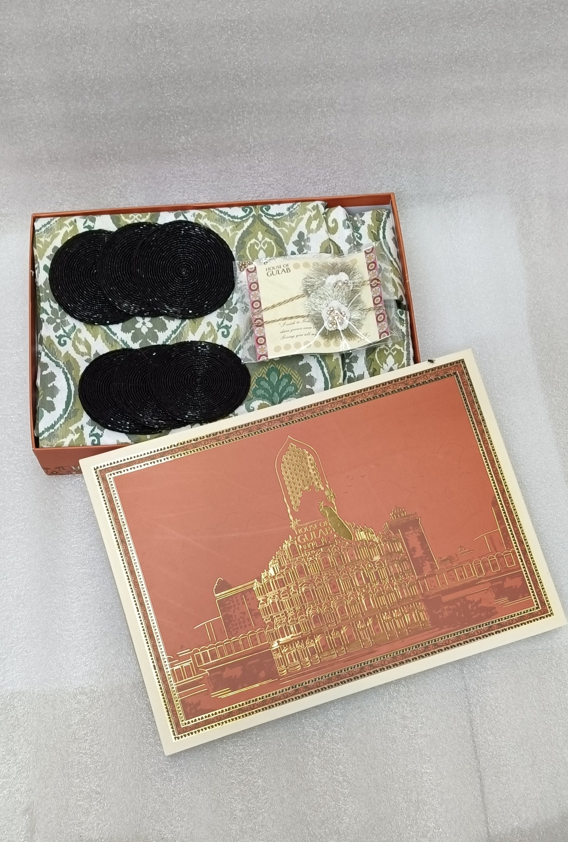 Rakhi Gift Box – Premium Double Cotton Bedsheet, 2 Rakhi & 6 Beaded Coasters
