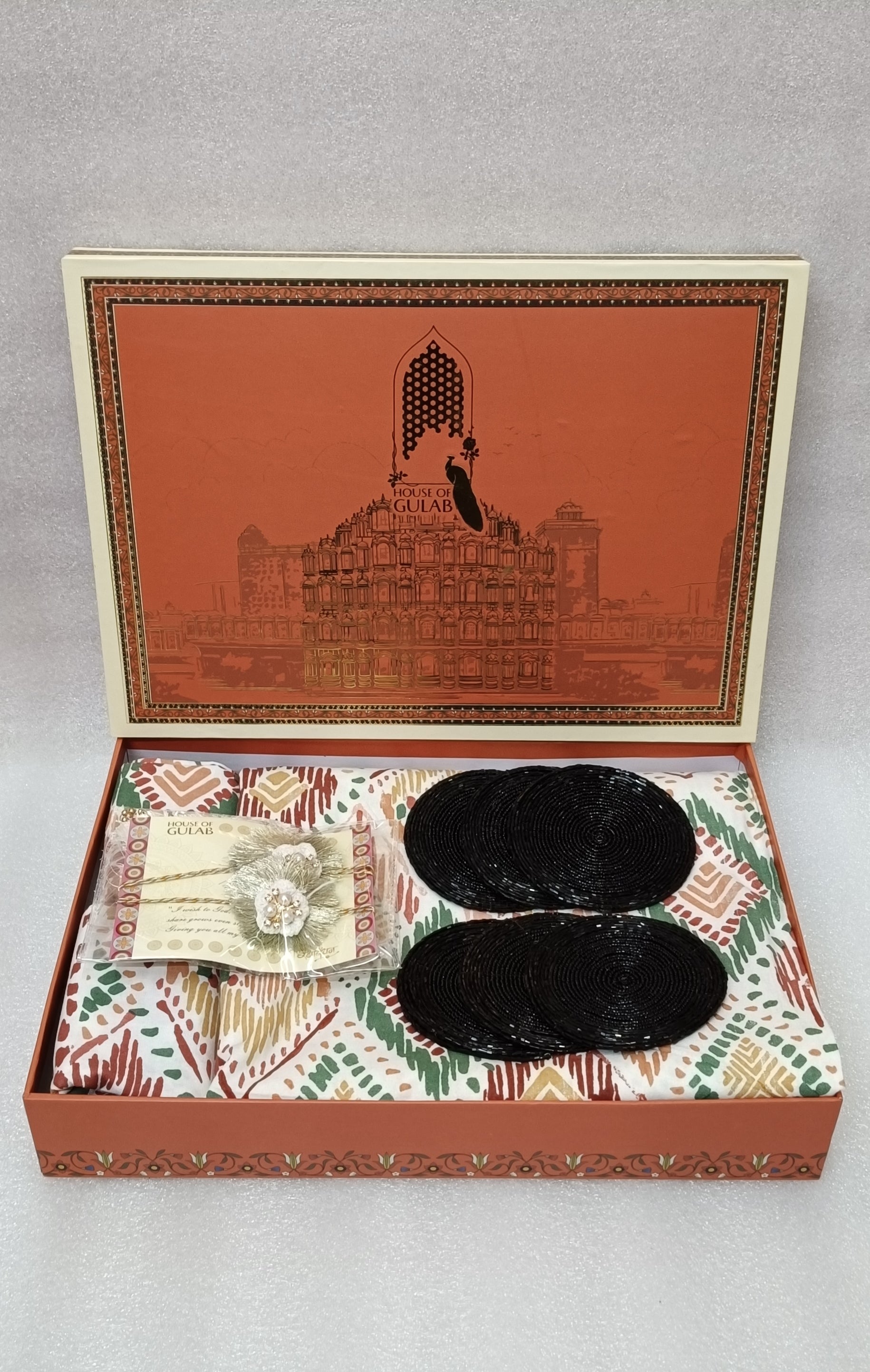 Diwali Gift Box – Premium Double Cotton Bedsheet, 2 Rakhi & 6 Beaded Coasters