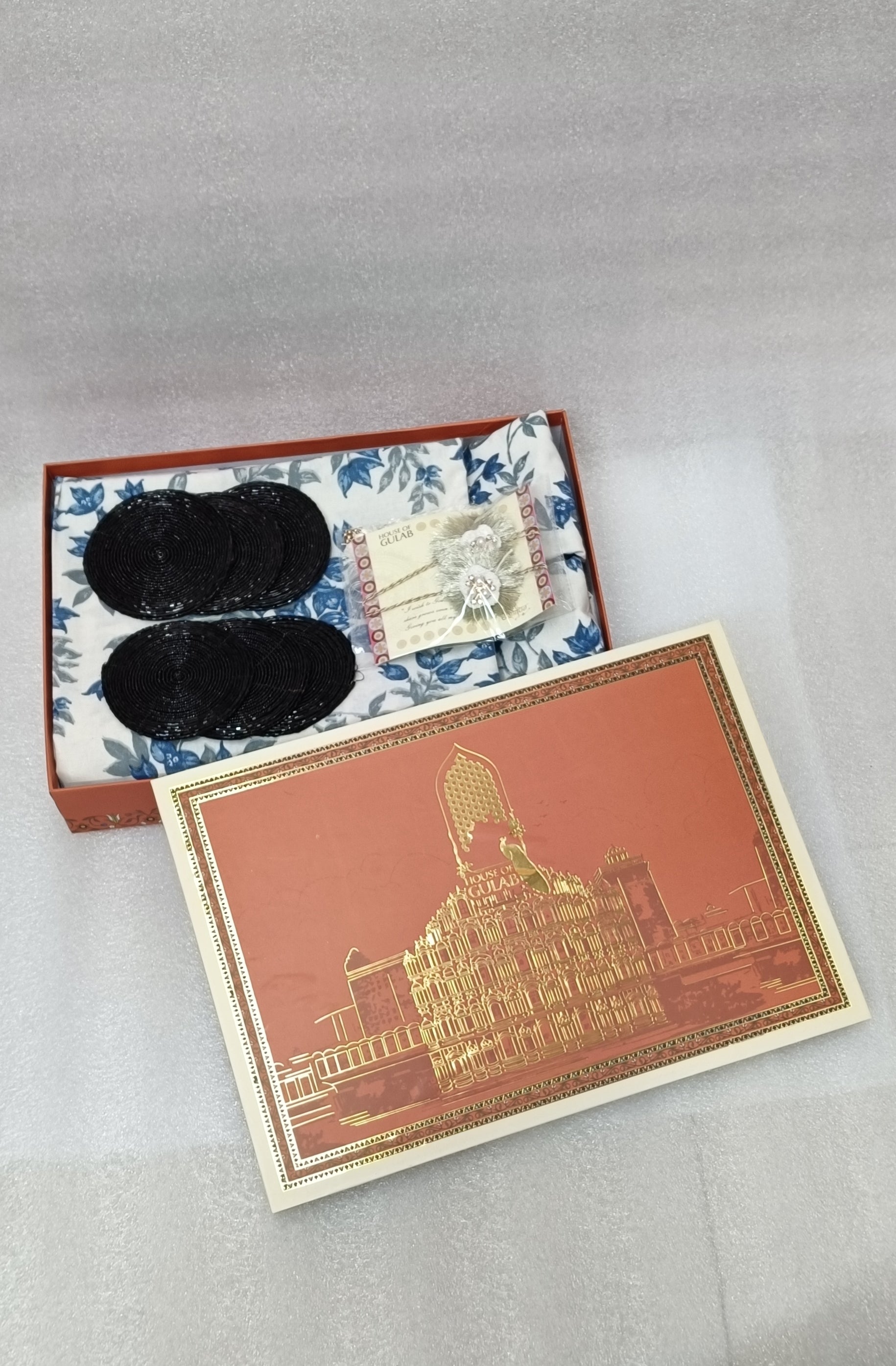 Diwali Gift Box – Premium Double Cotton Bedsheet, 2 Rakhi & 6 Beaded Coasters