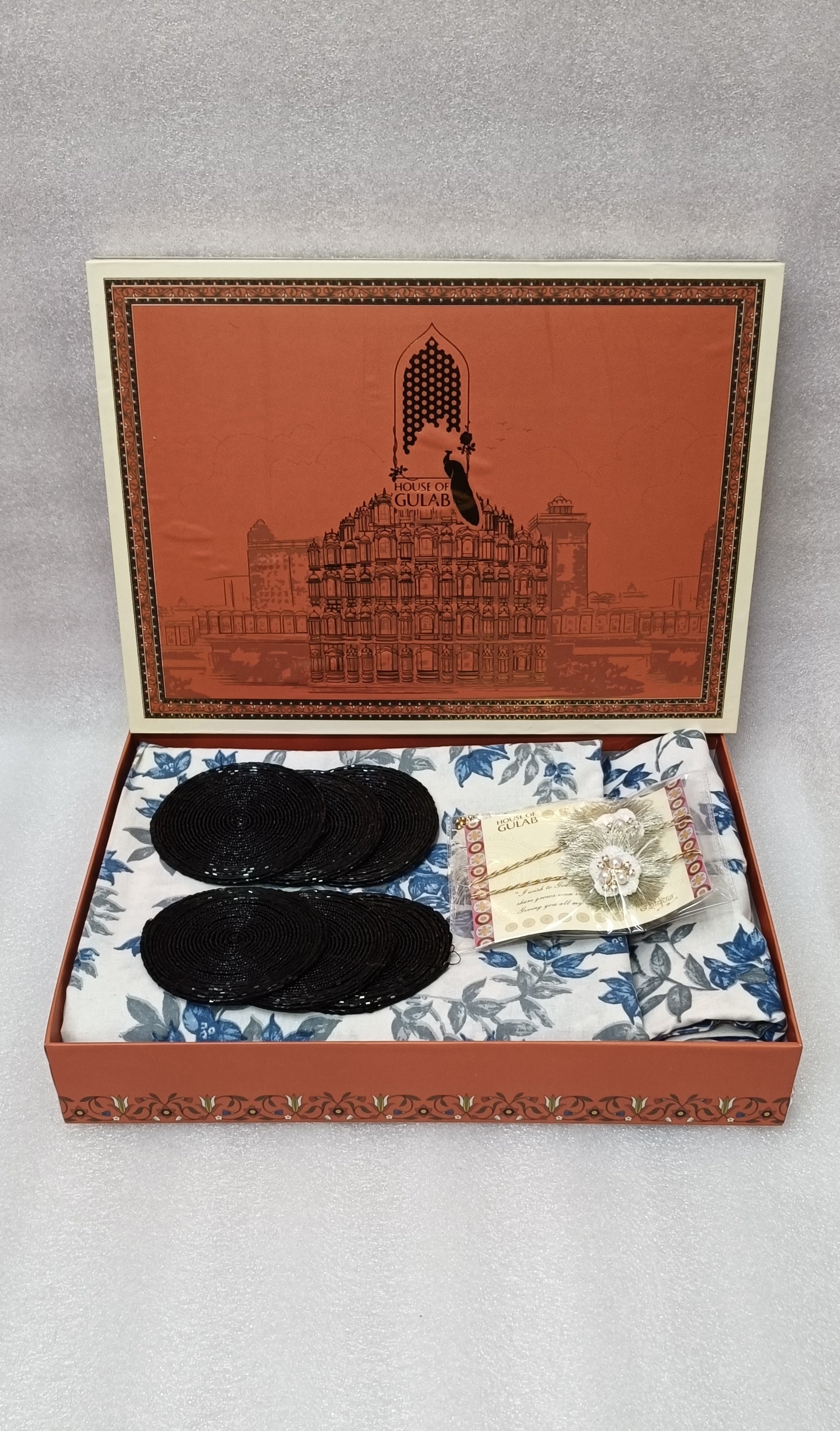 Diwali Gift Box – Premium Double Cotton Bedsheet, 2 Rakhi & 6 Beaded Coasters