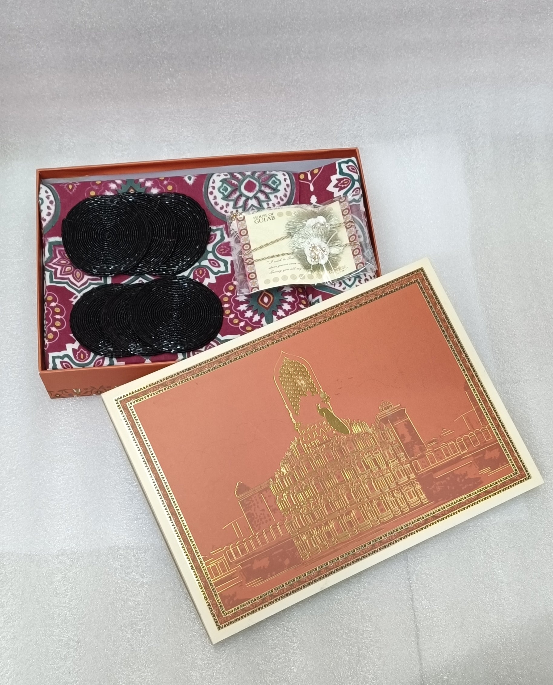 Diwali Gift Box – Premium Double Cotton Bedsheet, 2 Rakhi & 6 Beaded Coasters