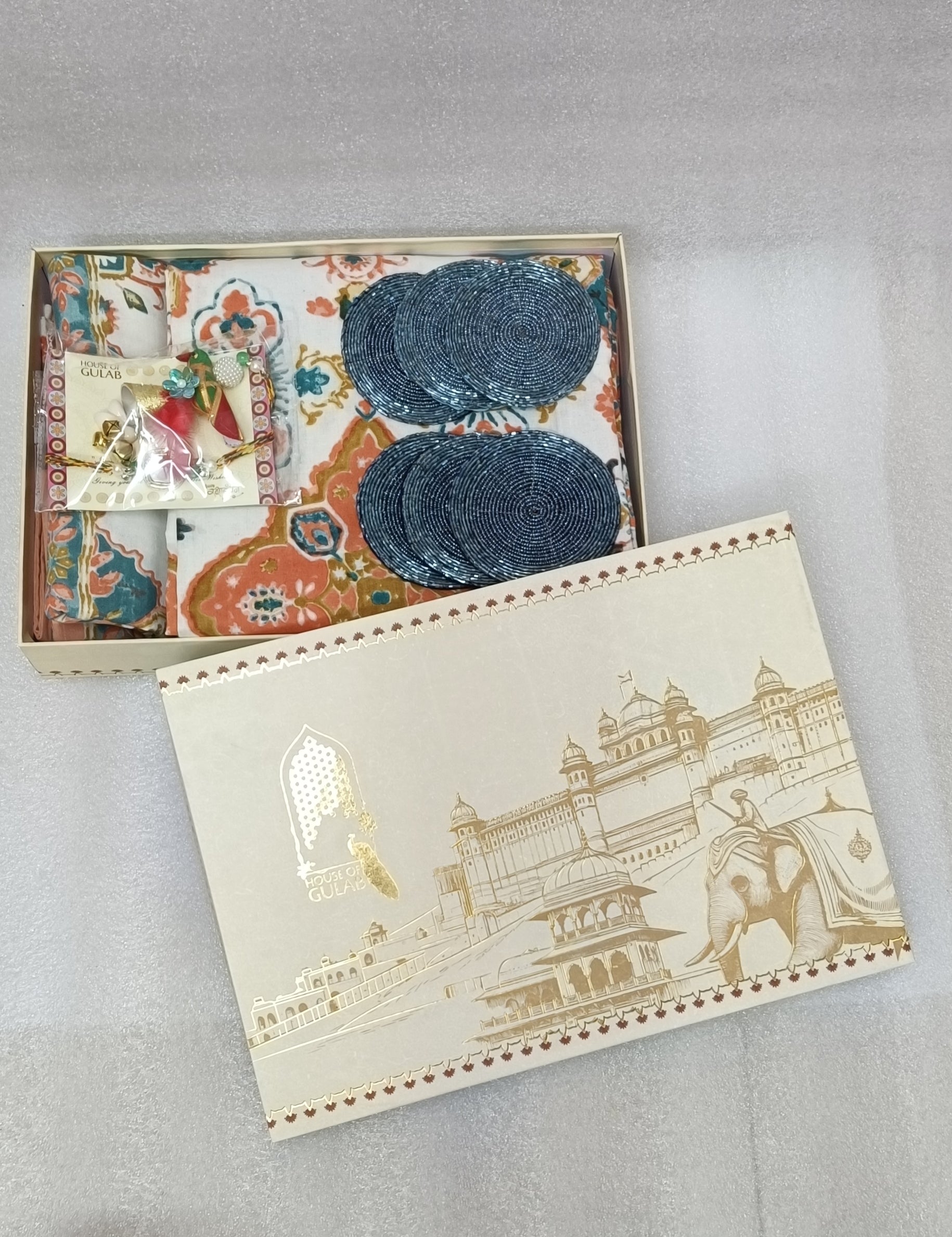 Diwali Gift Box – Premium Super King Cotton Bedsheet, 2 Rakhi & 6 Beaded Coasters