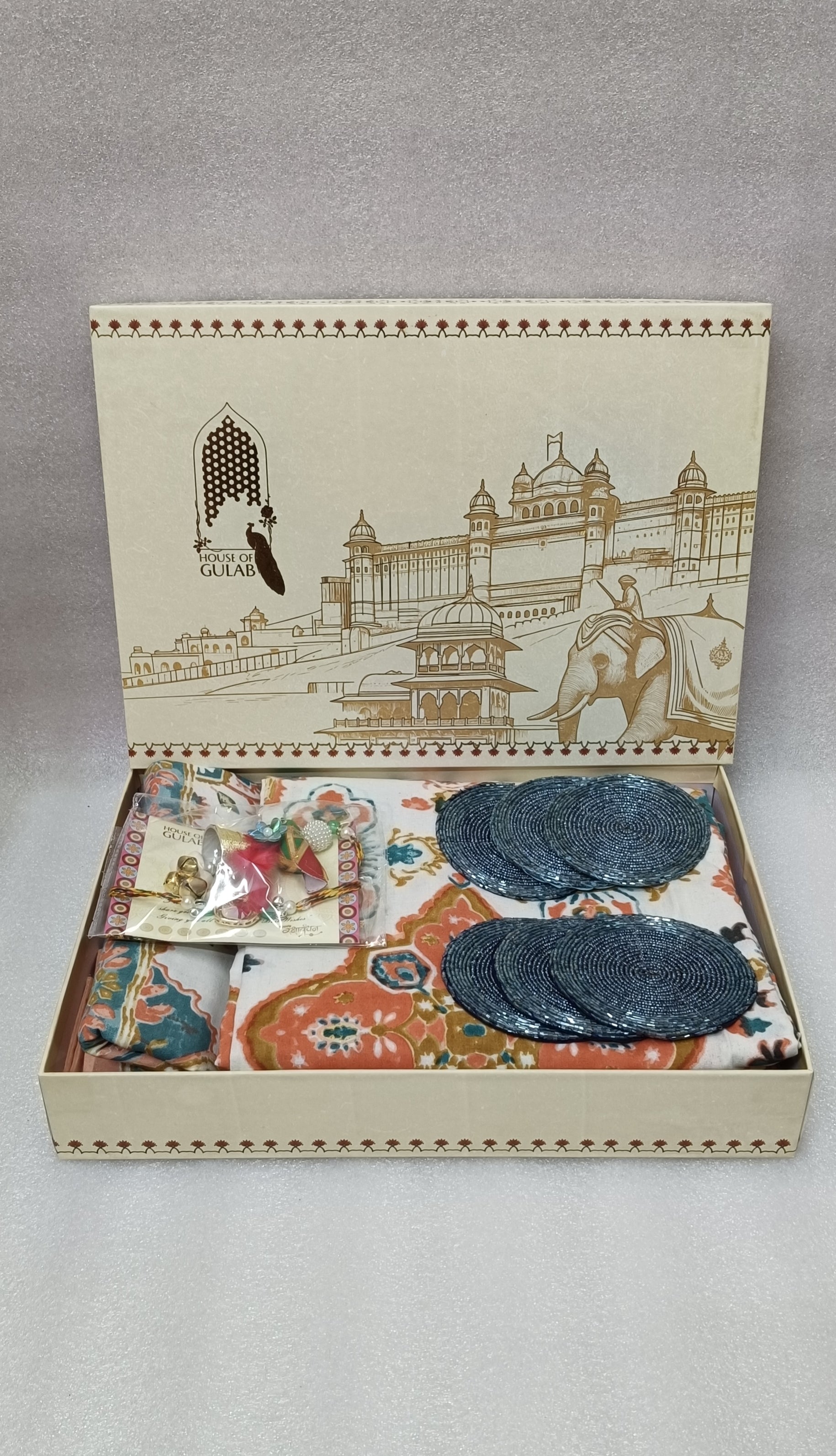Diwali Gift Box – Premium Super King Cotton Bedsheet, 2 Rakhi & 6 Beaded Coasters