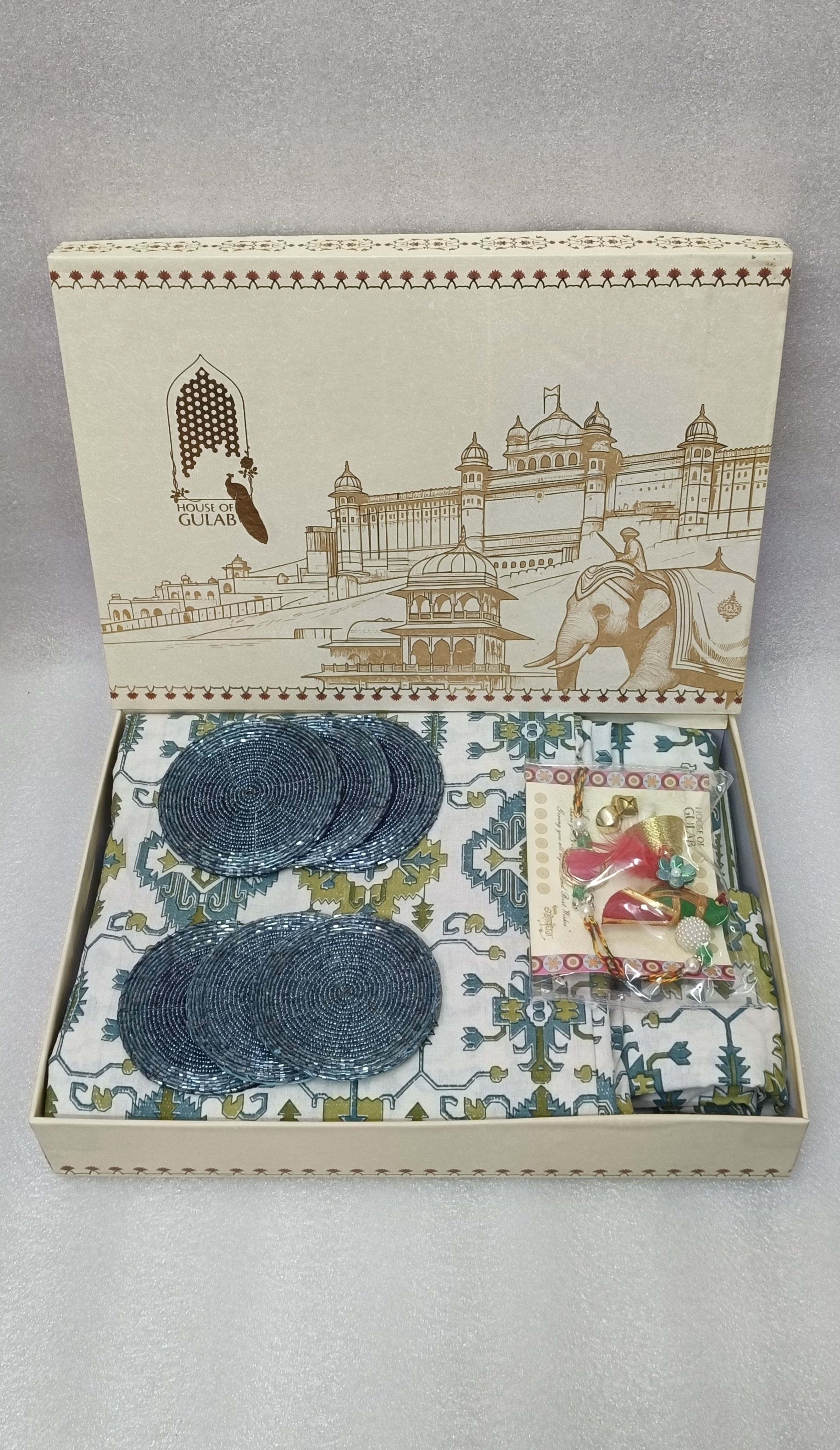 Diwali Gift Box – Premium Super King Cotton Bedsheet, 2 Rakhi & 6 Beaded Coasters