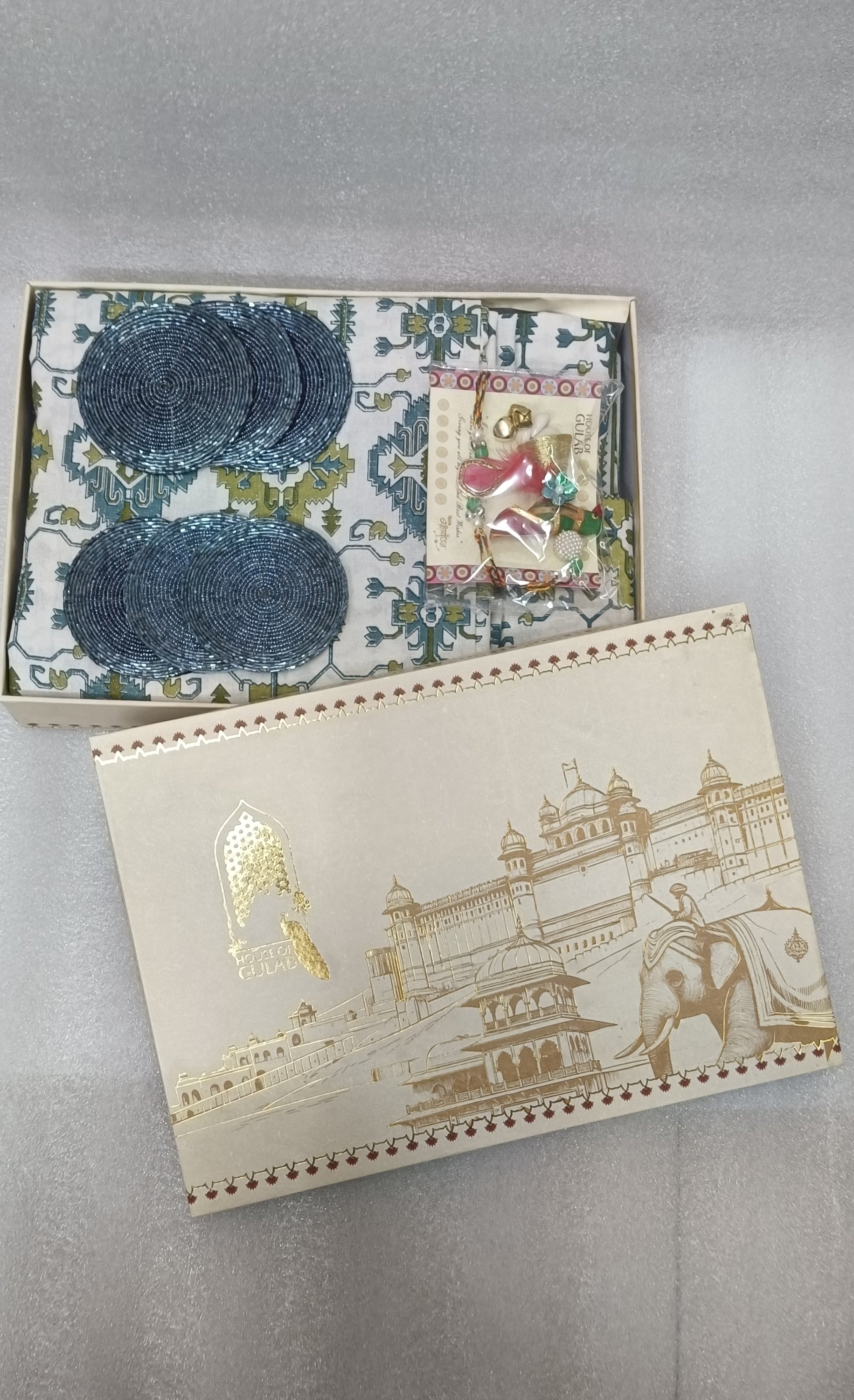Diwali Gift Box – Premium Super King Cotton Bedsheet, 2 Rakhi & 6 Beaded Coasters