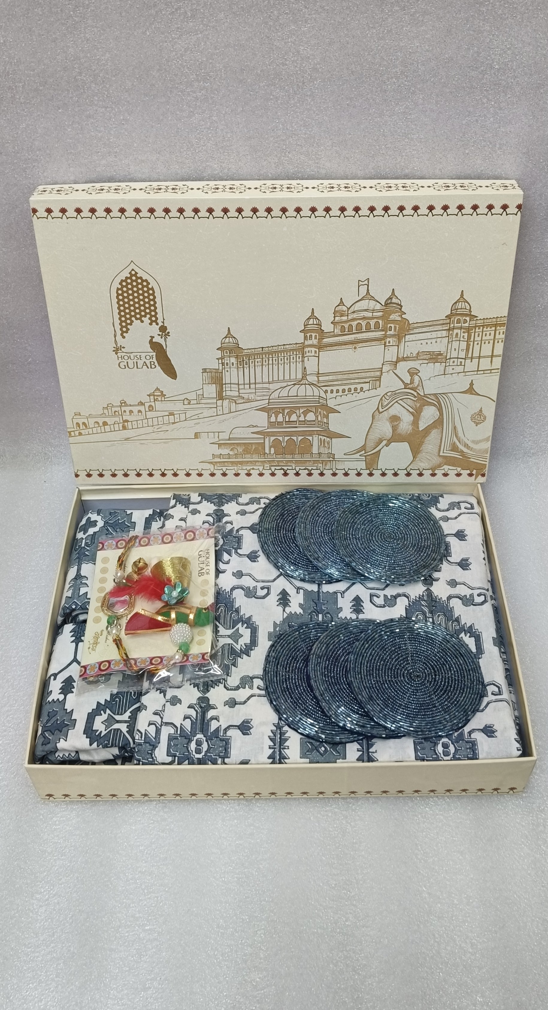 Diwali Gift Box – Premium Super King Cotton Bedsheet, 2 Rakhi & 6 Beaded Coasters