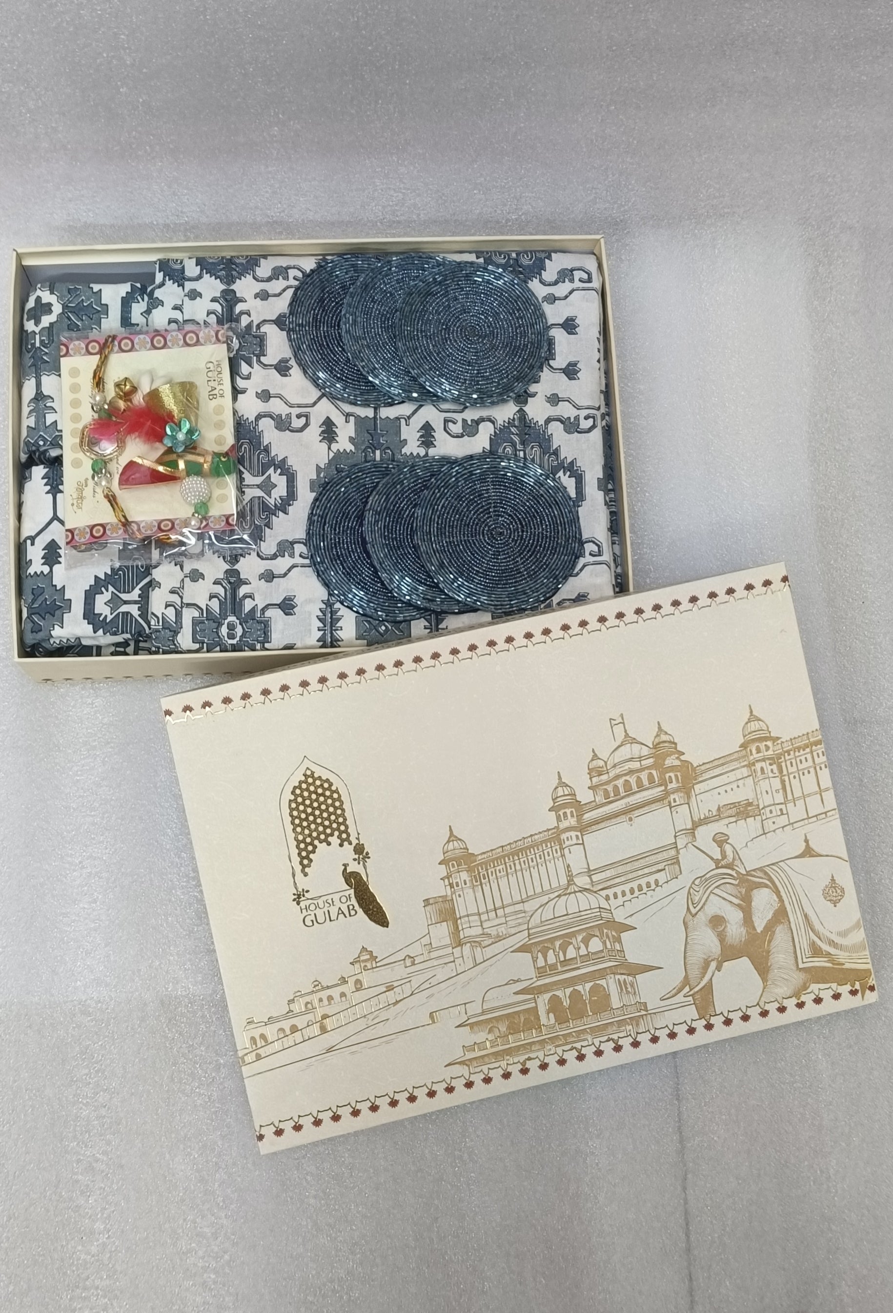 Diwali Gift Box – Premium Super King Cotton Bedsheet, 2 Rakhi & 6 Beaded Coasters