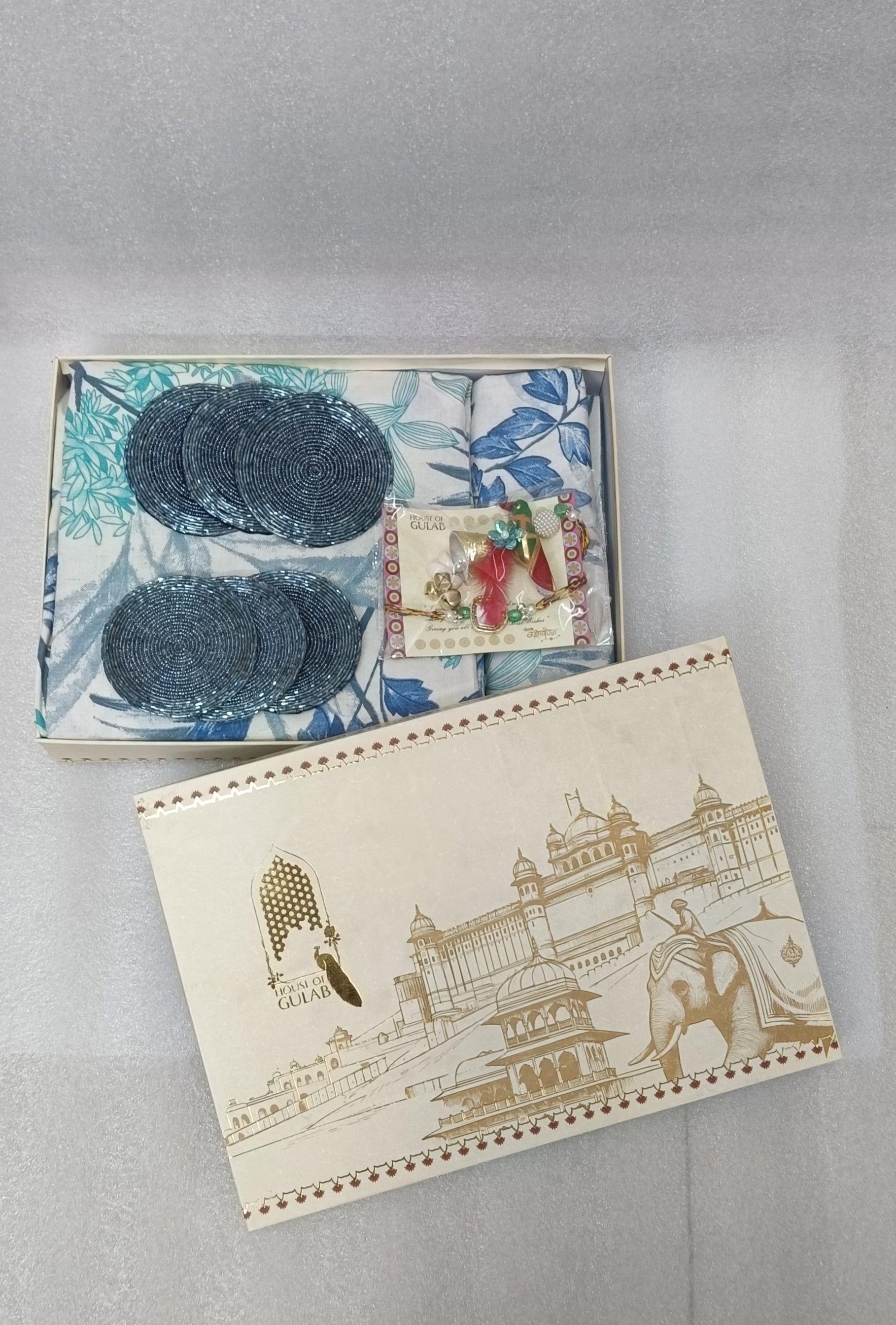 Rakhi Gift Box – Premium Super King Cotton Bedsheet, 2 Rakhi & 6 Beaded Coasters