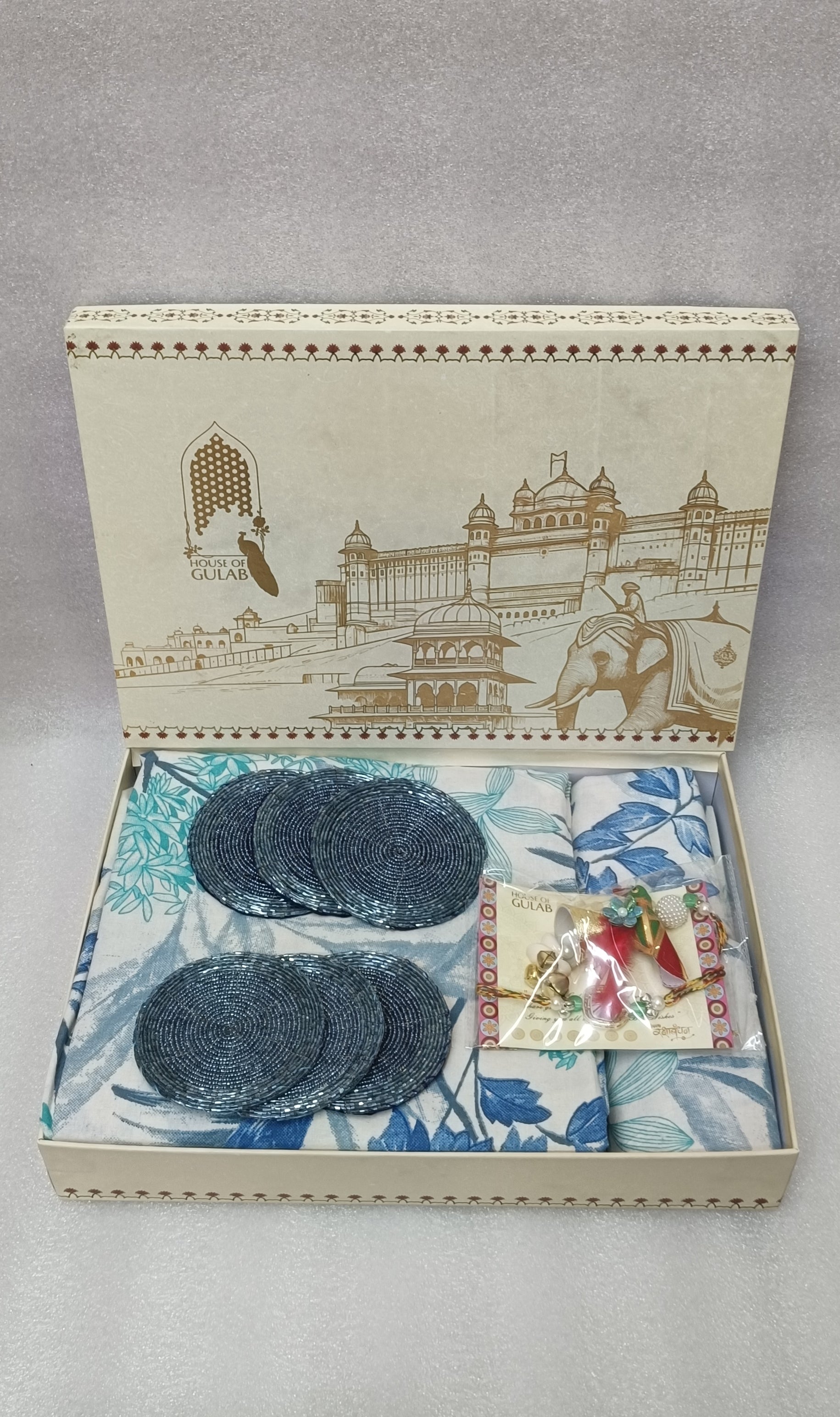Rakhi Gift Box – Premium Super King Cotton Bedsheet, 2 Rakhi & 6 Beaded Coasters