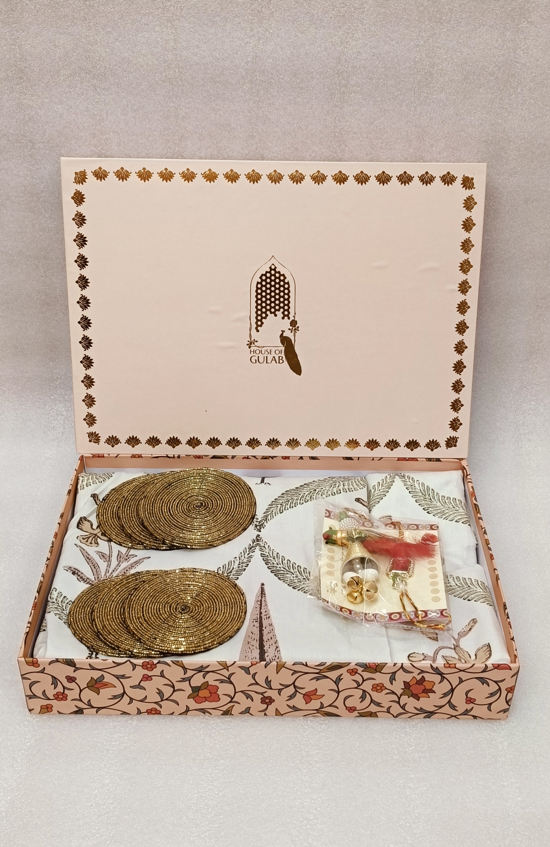 (Rakhi Gift Box – Percale Handblock Printed Super King Cotton Bedsheet, 2 Rakhi & 6 Beaded Coasters