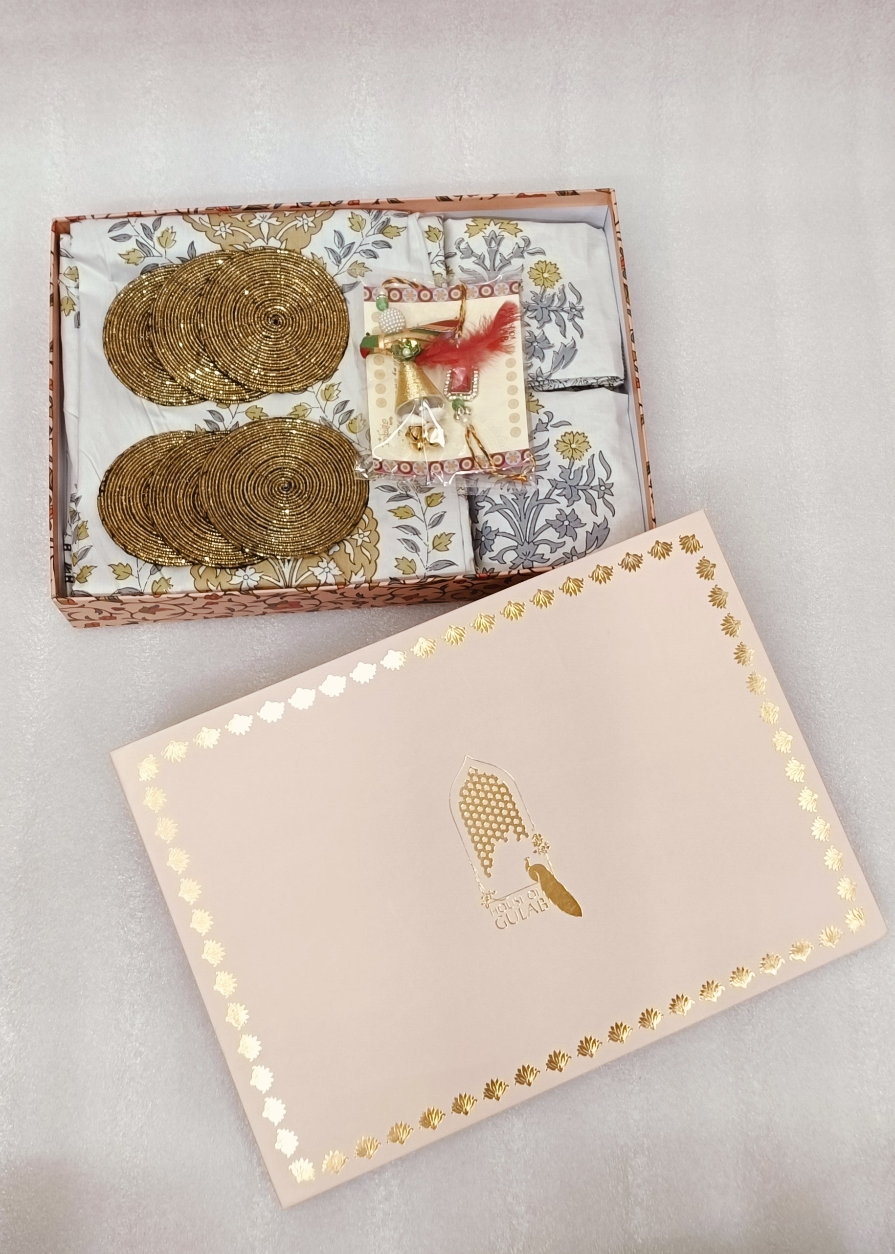 (Rakhi Gift Box – Percale Handblock Printed Super King Cotton Bedsheet, 2 Rakhi & 6 Beaded Coasters
