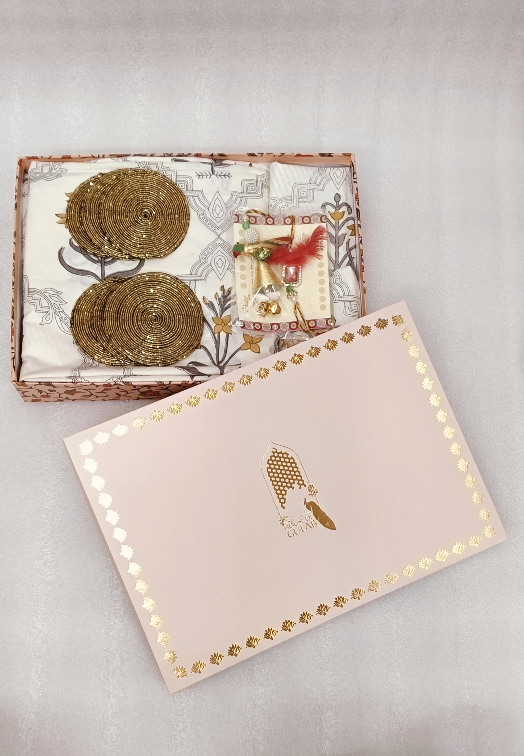 (Rakhi Gift Box – Percale Handblock Printed Super King Cotton Bedsheet, 2 Rakhi & 6 Beaded Coasters