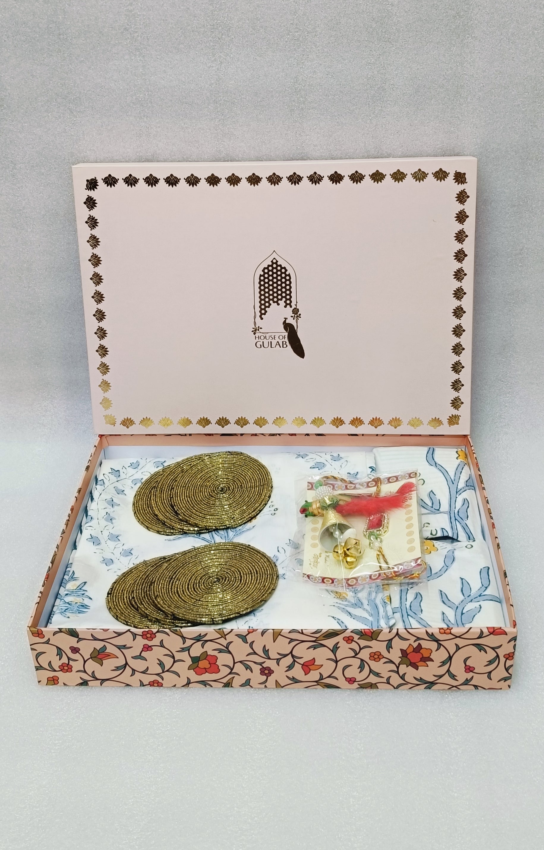 (Rakhi Gift Box – Percale Handblock Printed Super King Cotton Bedsheet, 2 Rakhi & 6 Beaded Coasters