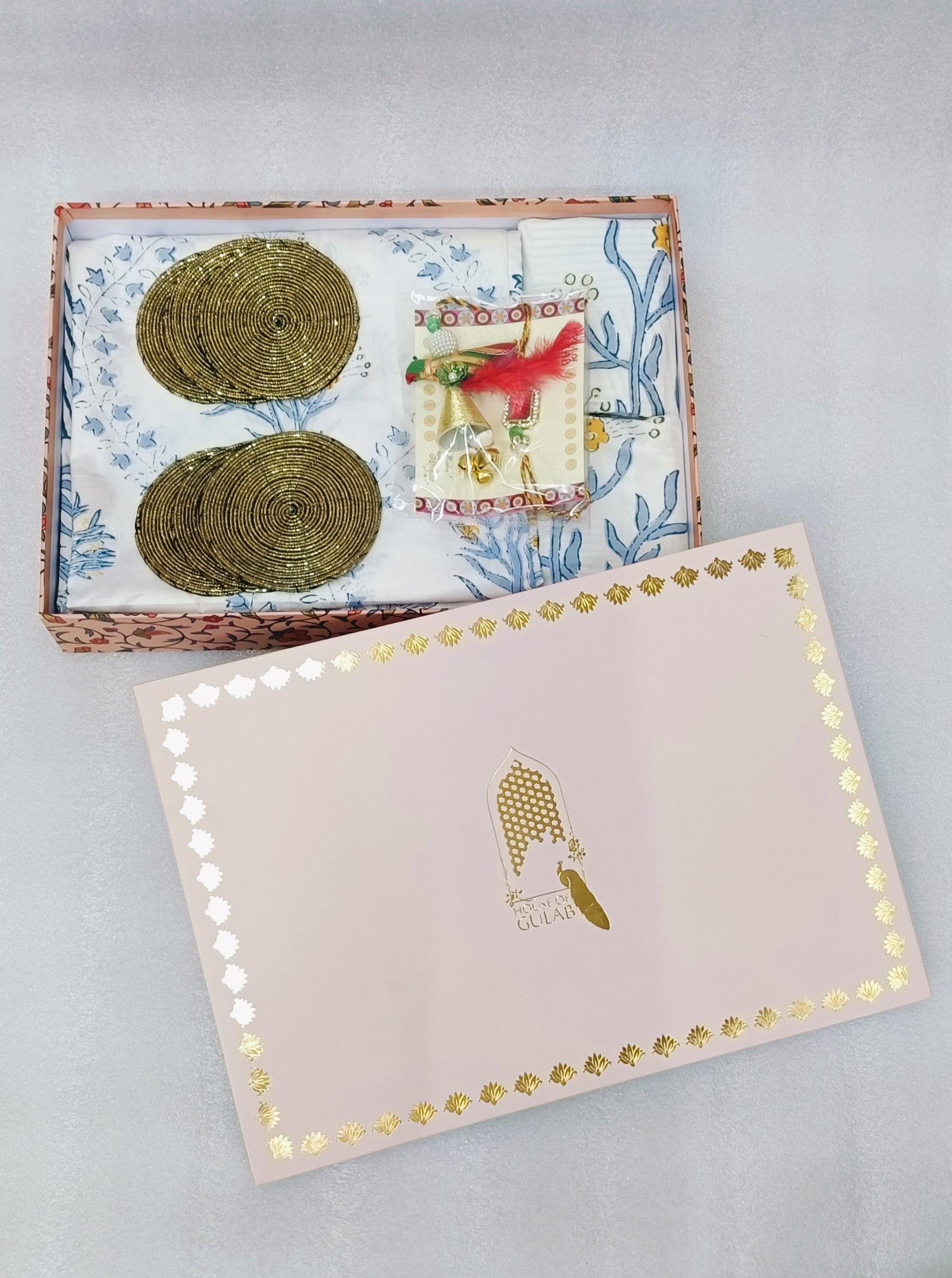 (Rakhi Gift Box – Percale Handblock Printed Super King Cotton Bedsheet, 2 Rakhi & 6 Beaded Coasters