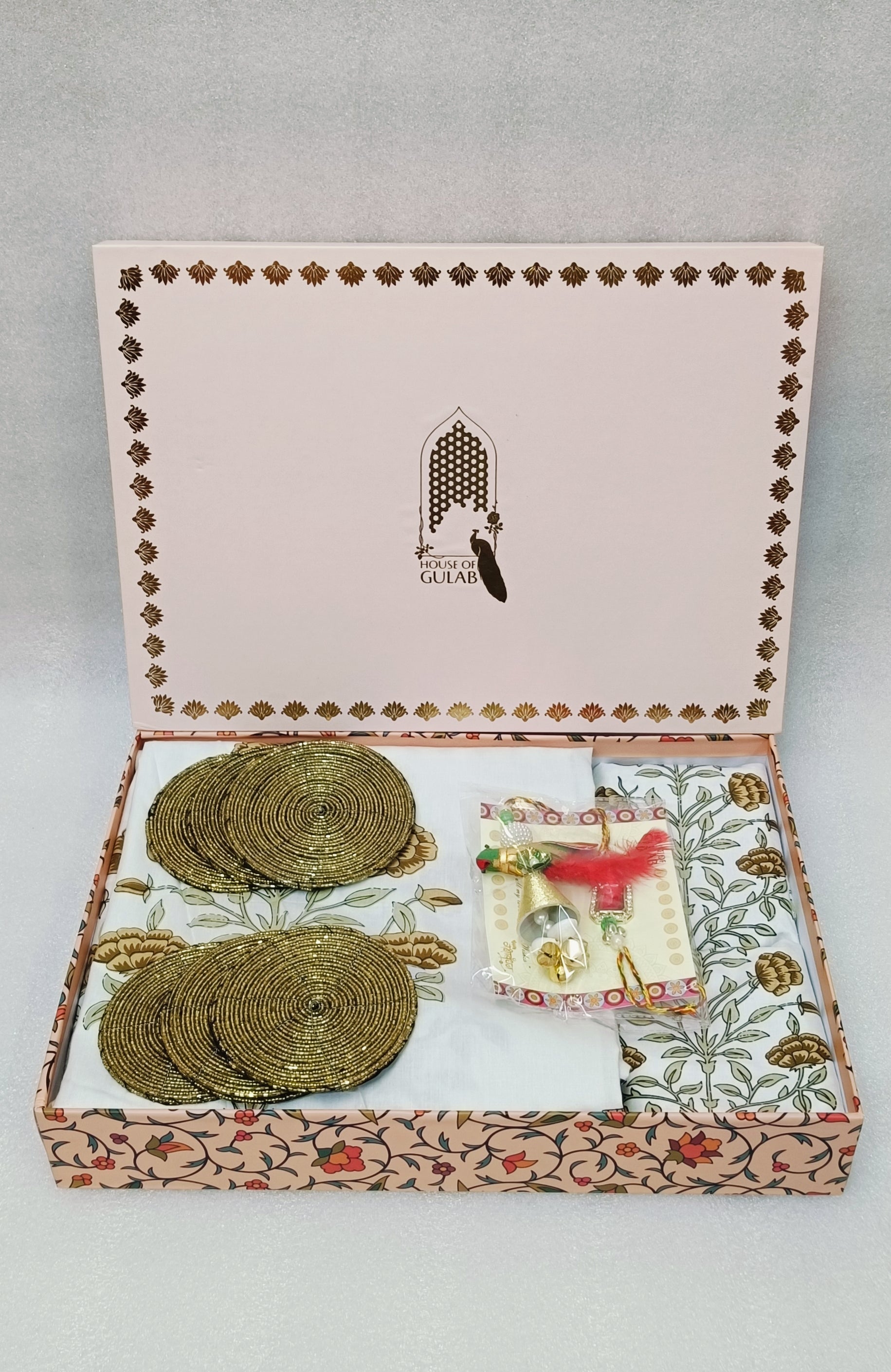 Diwali Gift Box – Percale Handblock Printed Super King Cotton Bedsheet, 2 Rakhi & 6 Beaded Coasters