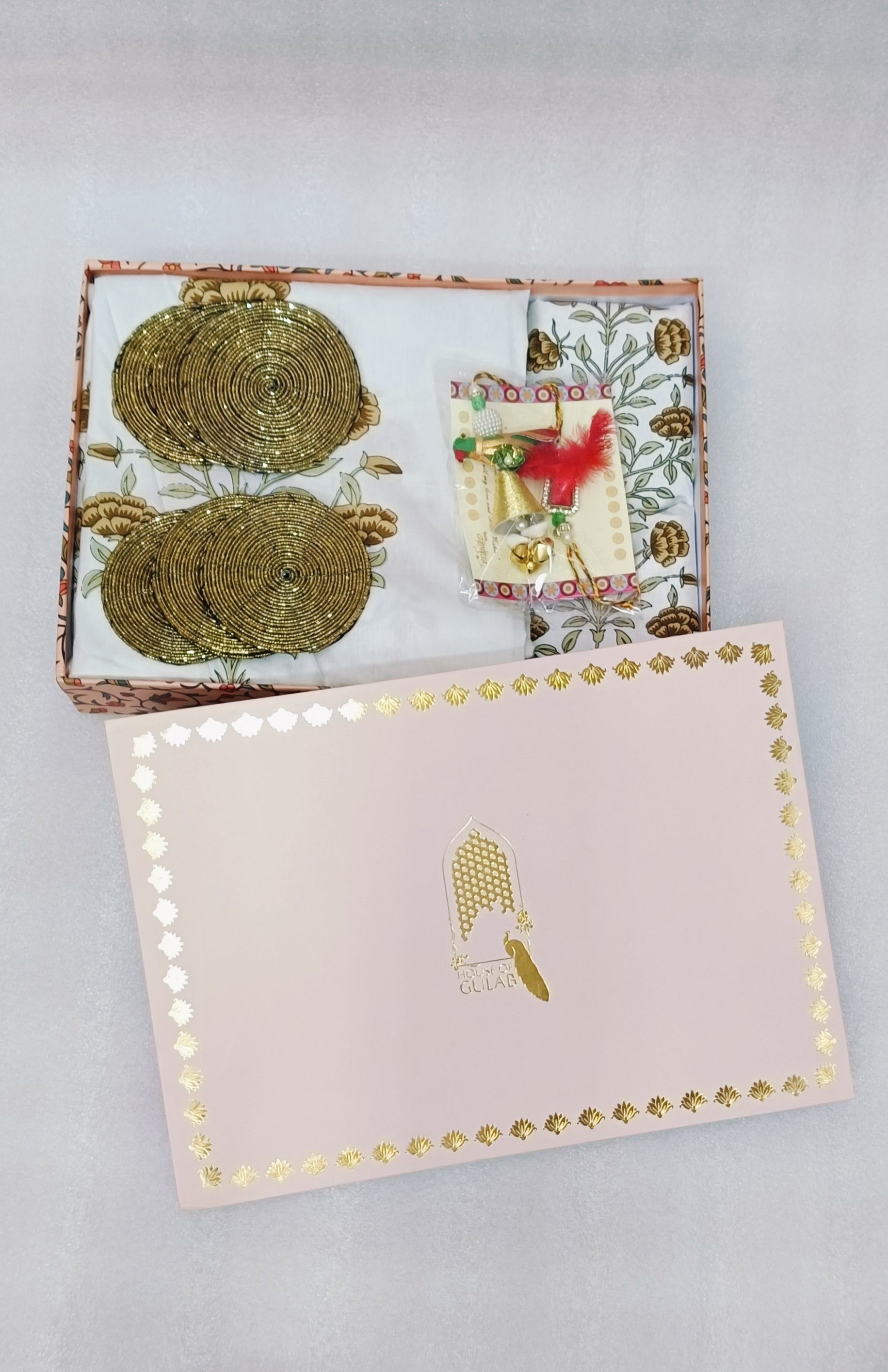 Diwali Gift Box – Percale Handblock Printed Super King Cotton Bedsheet, 2 Rakhi & 6 Beaded Coasters