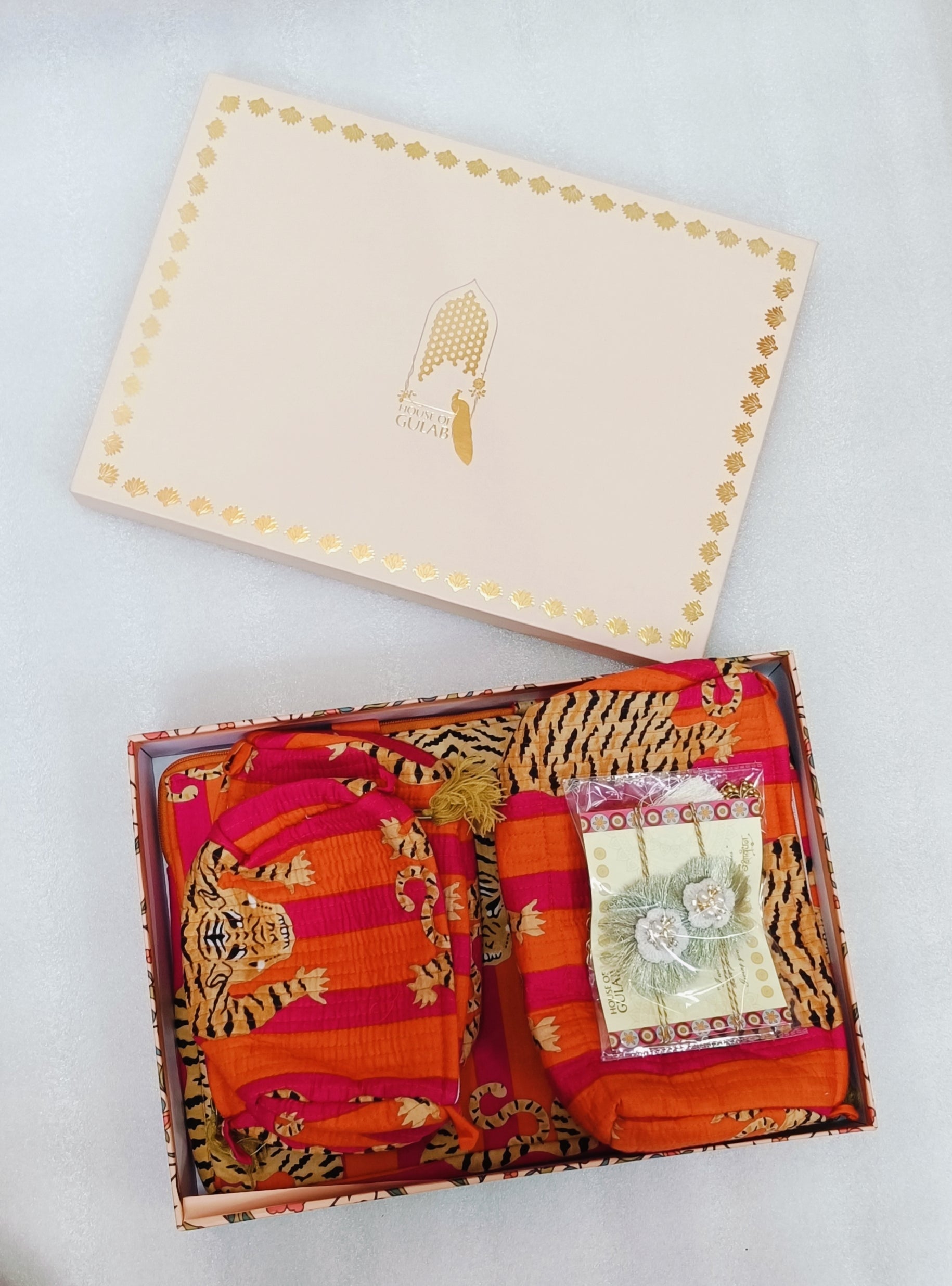 Rakhi Gift Set – Handblock Printed Laptop Sleeve (13" & 15") + 3 Matching Utility Pouches + Set of 2 Silver Ornamental Rakhis