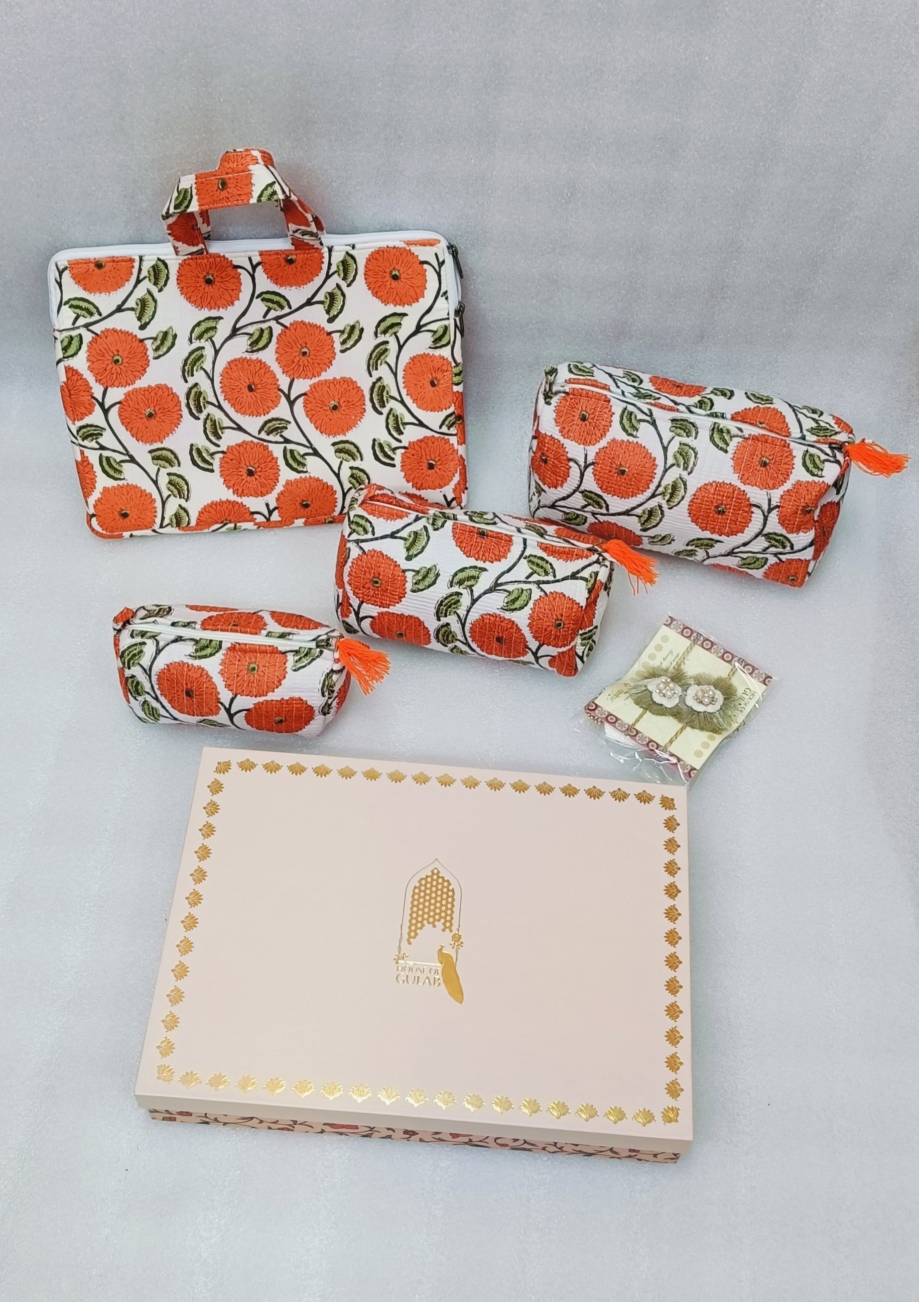 Diwali Gift Set – Handblock Printed Laptop Sleeve (13" & 15") + 3 Matching Utility Pouches + Set of 2 Silver Ornamental Rakhis