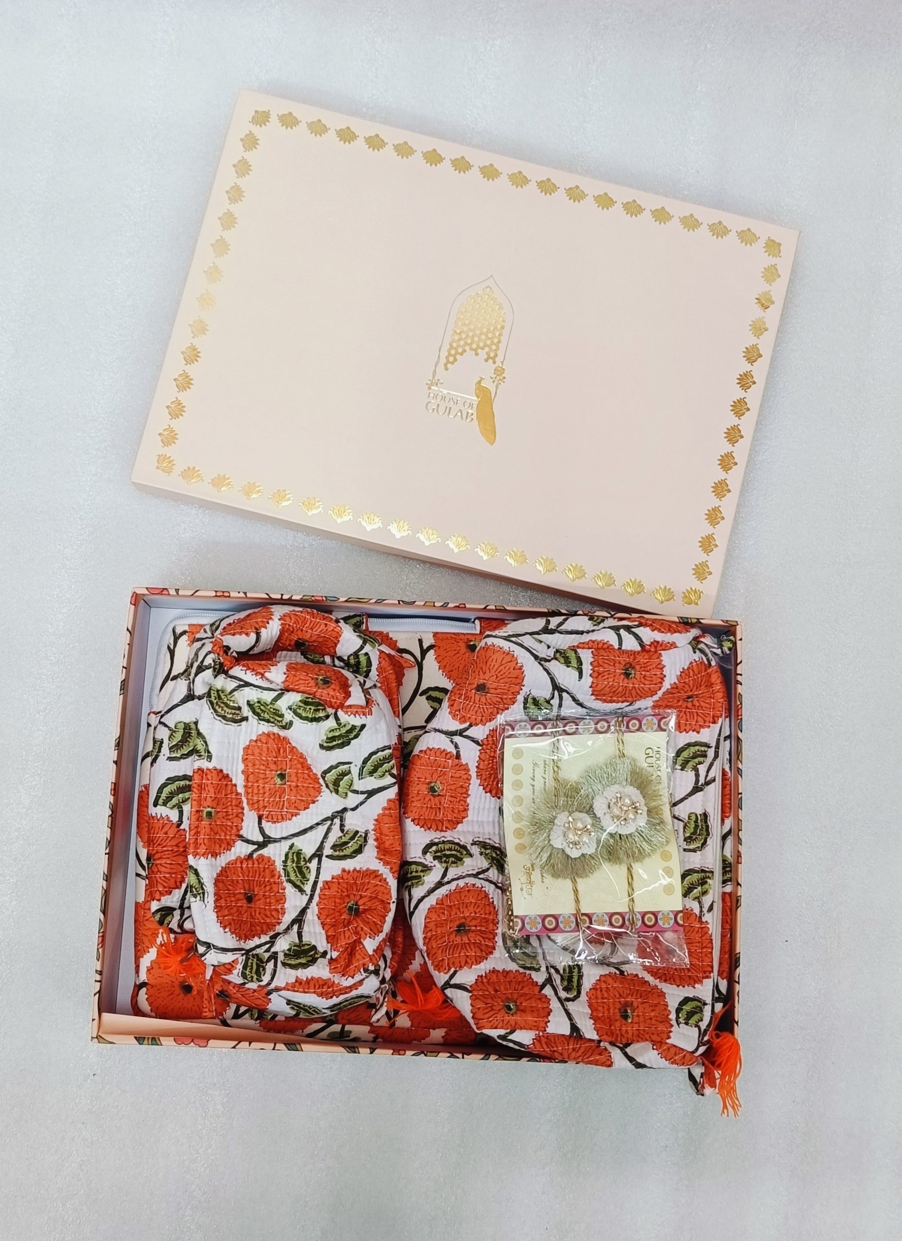 Diwali Gift Set – Handblock Printed Laptop Sleeve (13" & 15") + 3 Matching Utility Pouches + Set of 2 Silver Ornamental Rakhis