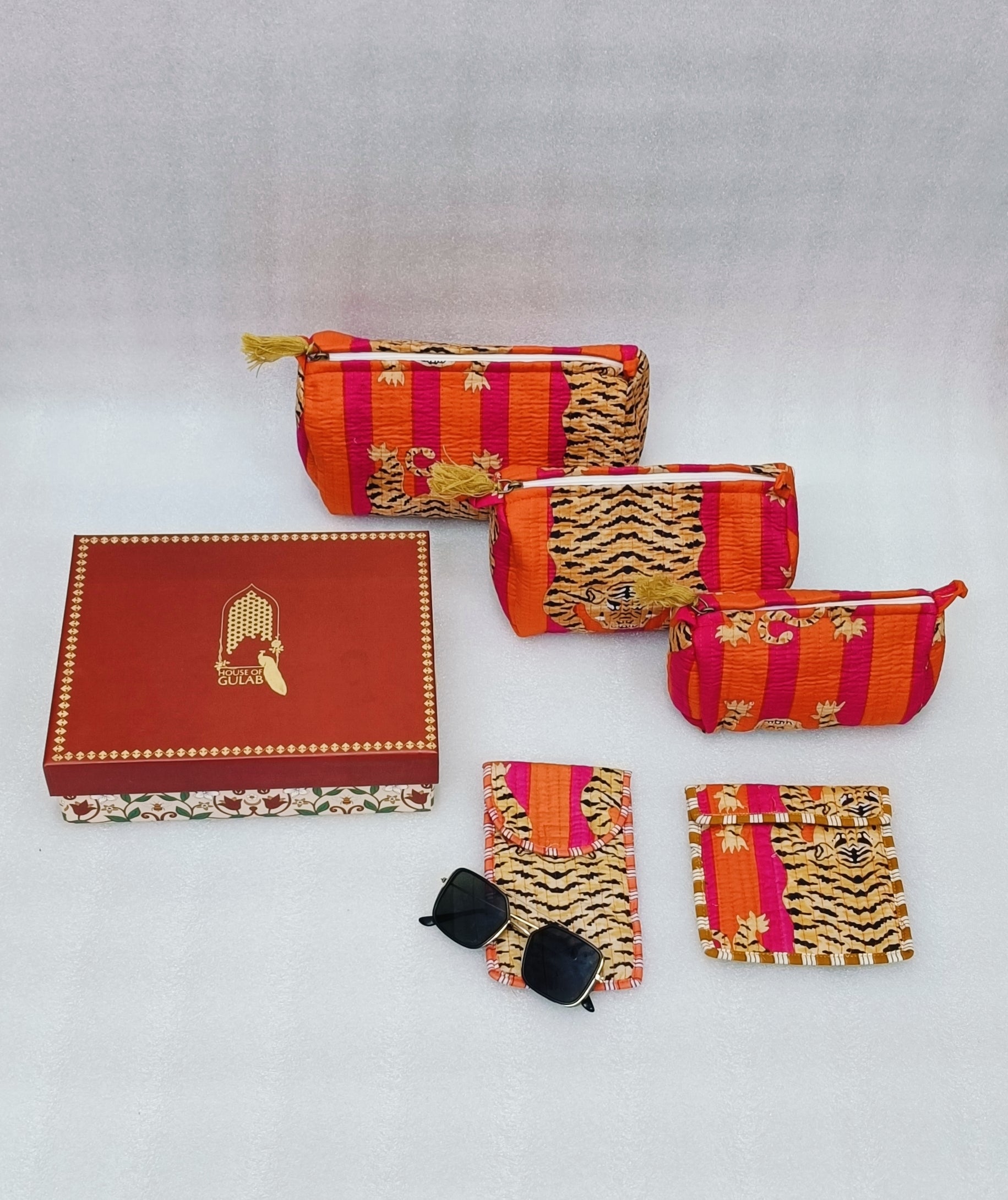 Diwali Gift Box – Set of 5 Utility Pouches (3 Makeup Pouches, 1 Sunglass Pouch, 1 Sanitary Napkin Pouch)