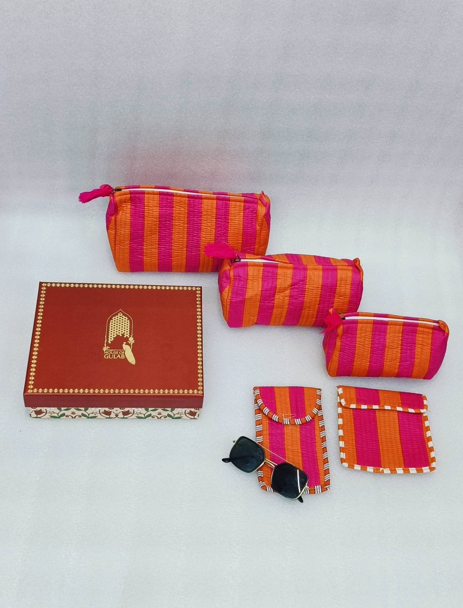Diwali Gift Box – Set of 5 Utility Pouches (3 Makeup Pouches, 1 Sunglass Pouch, 1 Sanitary Napkin Pouch)