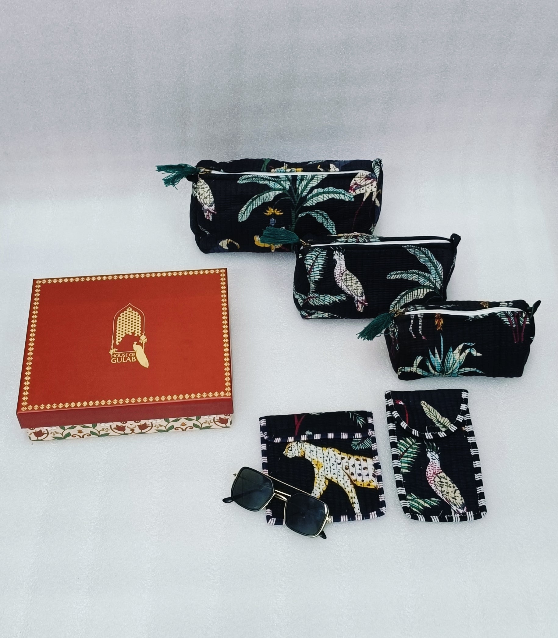 Diwali Gift Box – Set of 5 Utility Pouches (3 Makeup Pouches, 1 Sunglass Pouch, 1 Sanitary Napkin Pouch)