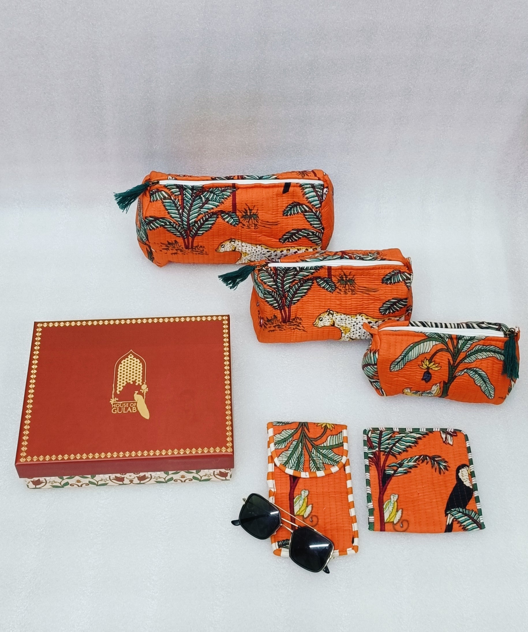 Rakhi Gift Box – Set of 5 Utility Pouches (3 Makeup Pouches, 1 Sunglass Pouch, 1 Sanitary Napkin Pouch)