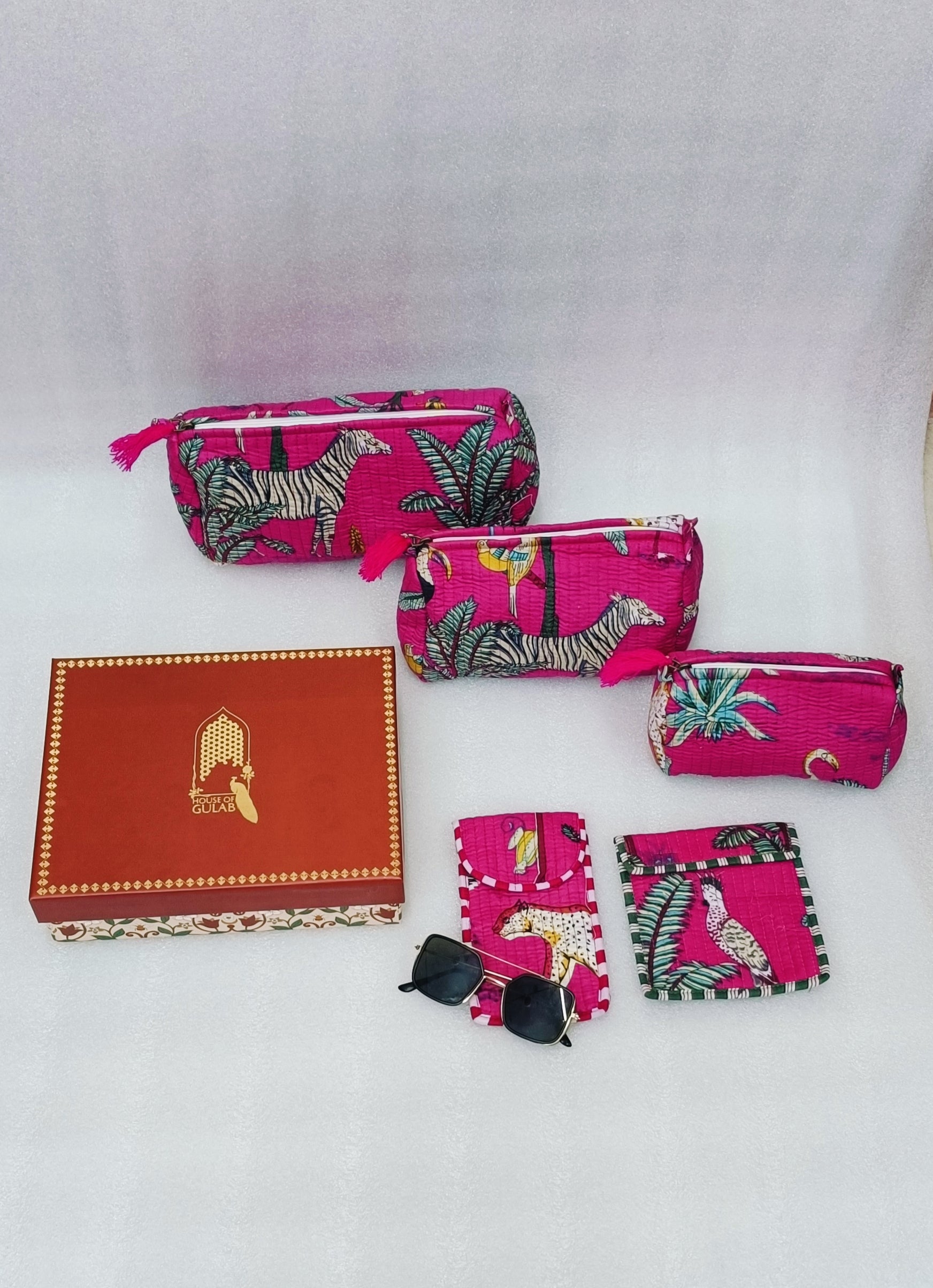 Diwali Gift Box – Set of 5 Utility Pouches (3 Makeup Pouches, 1 Sunglass Pouch, 1 Sanitary Napkin Pouch)
