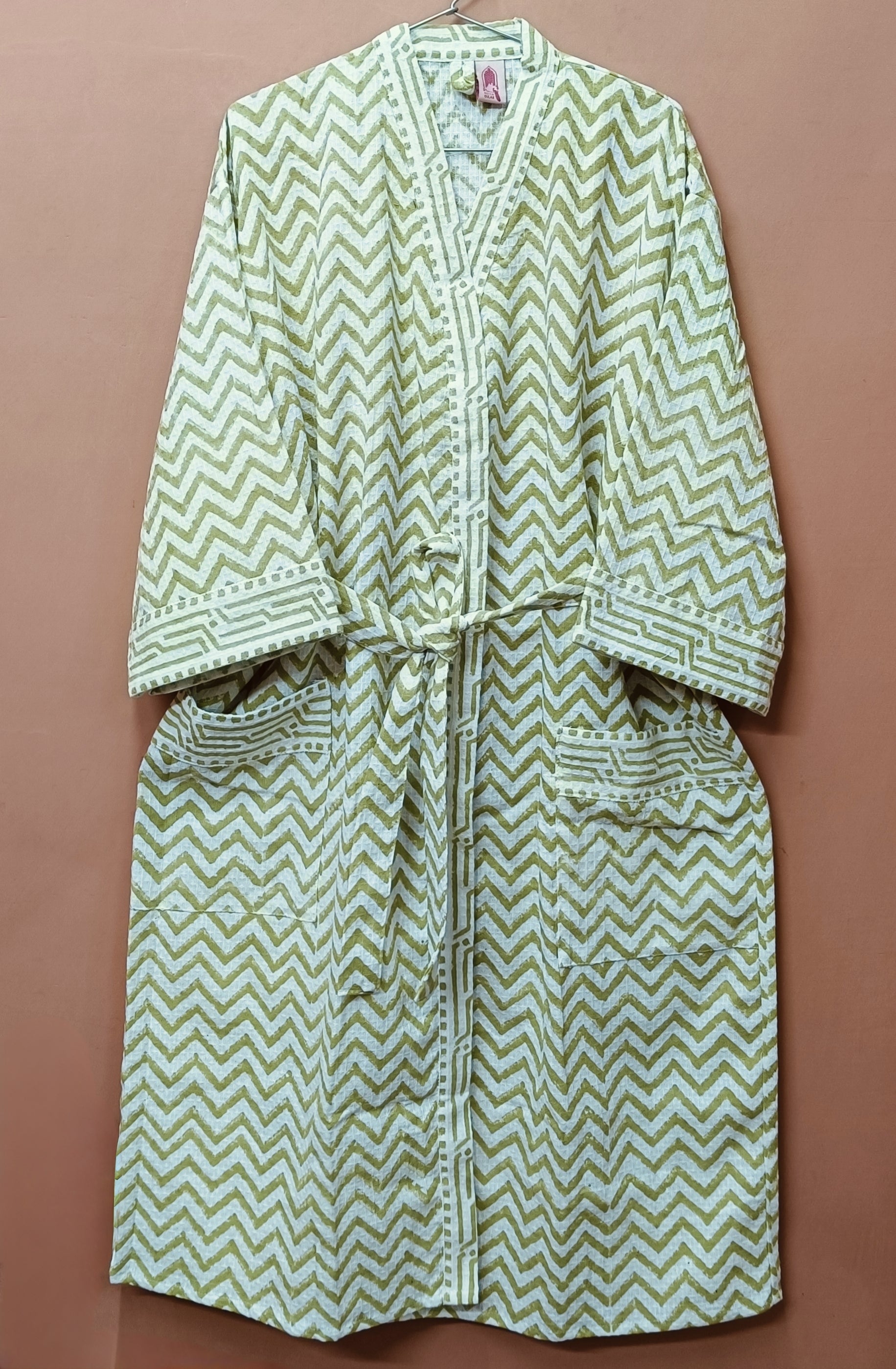 Waffle Cotton Handblock Printed Unisex Bathrobe - Free Size